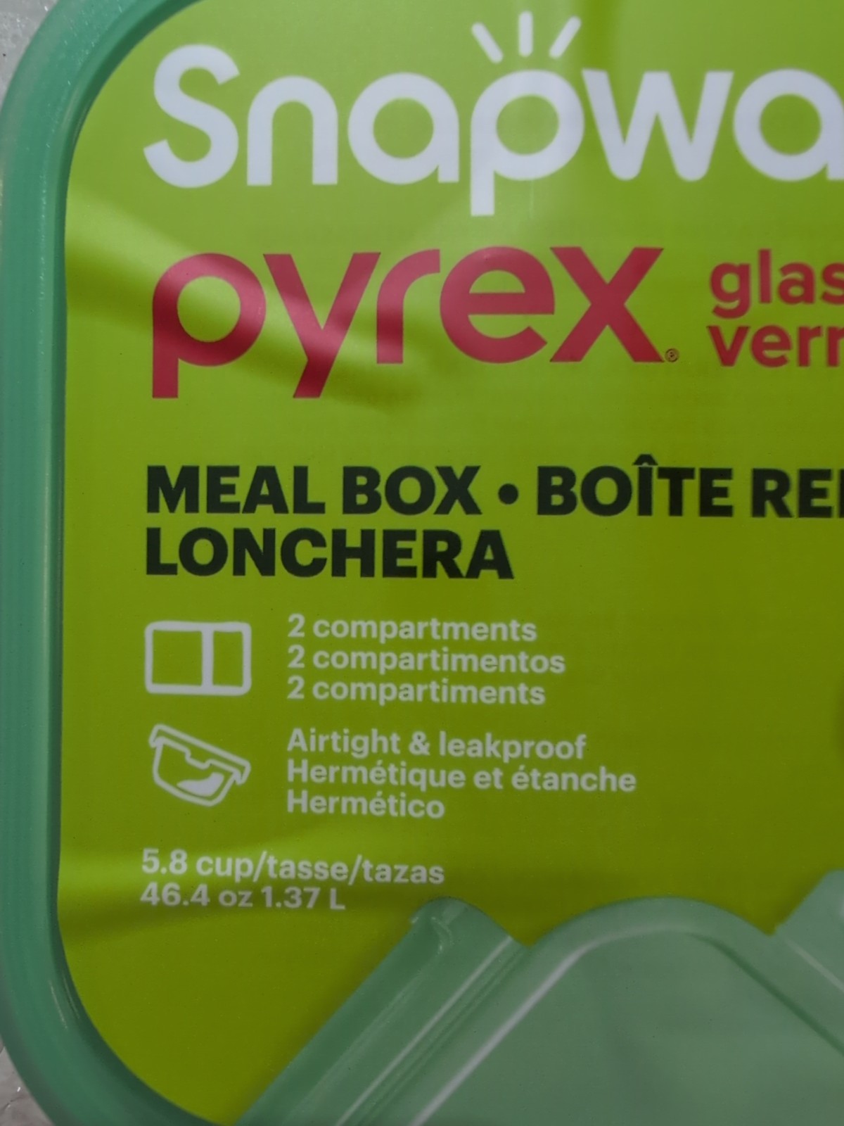 SNAPWARE PYREX GLASS MEAL BOX 2 COMPARTMENTS w/LID 5.8 CUP/46.4 OZ. NEW