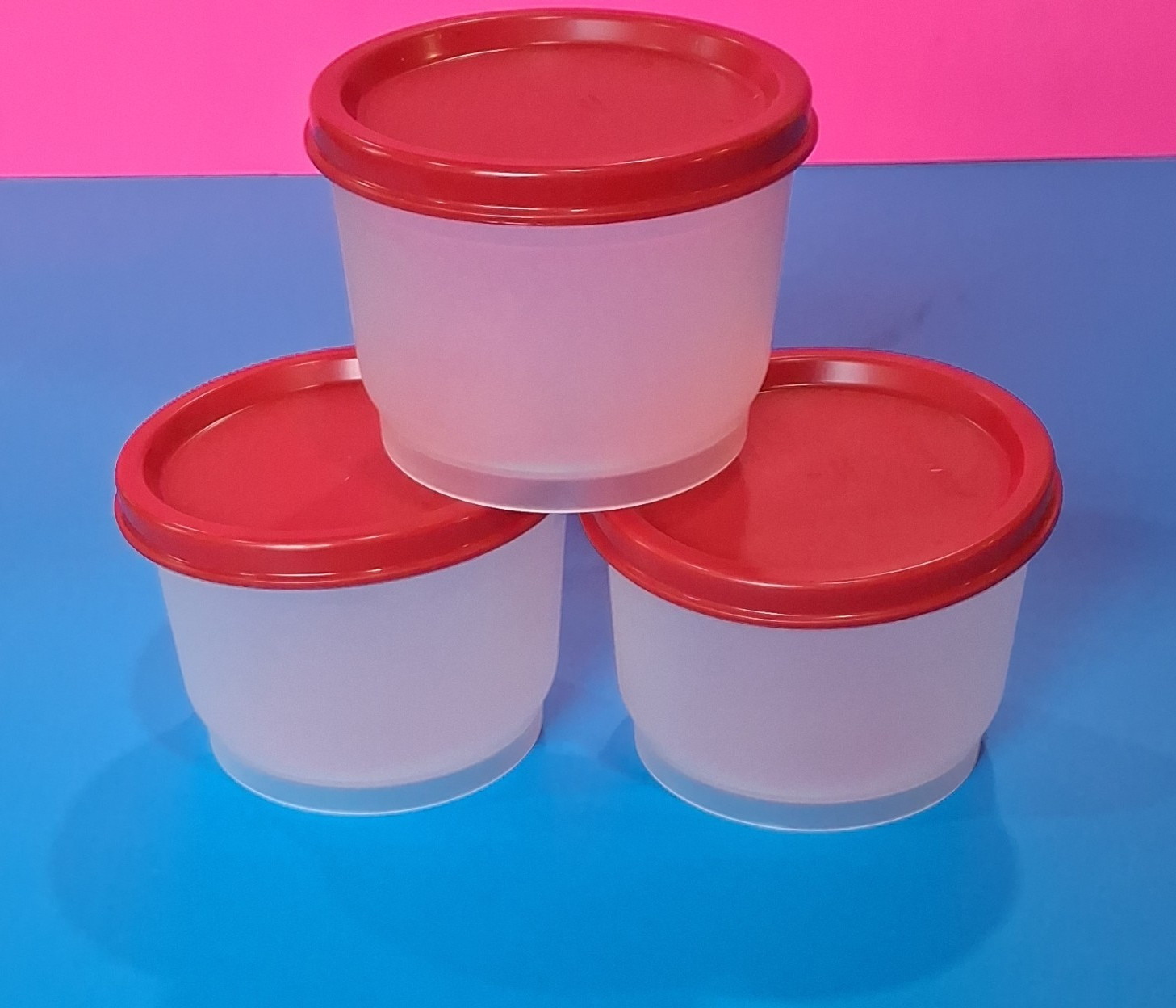 Tupperware Round Snack Container Set 225 ml Clear/Red Snap Lids Plastic 6pc