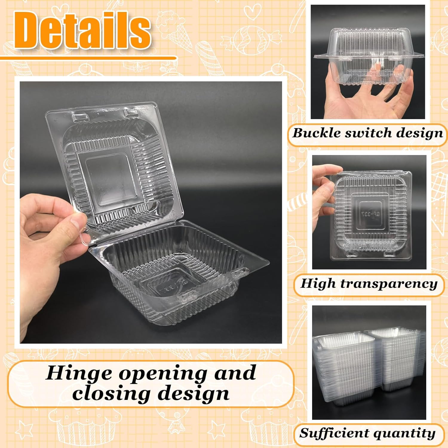 100 Pack Clear Plastic Square Hinged Food Clamshell Container,Disposable To Go C
