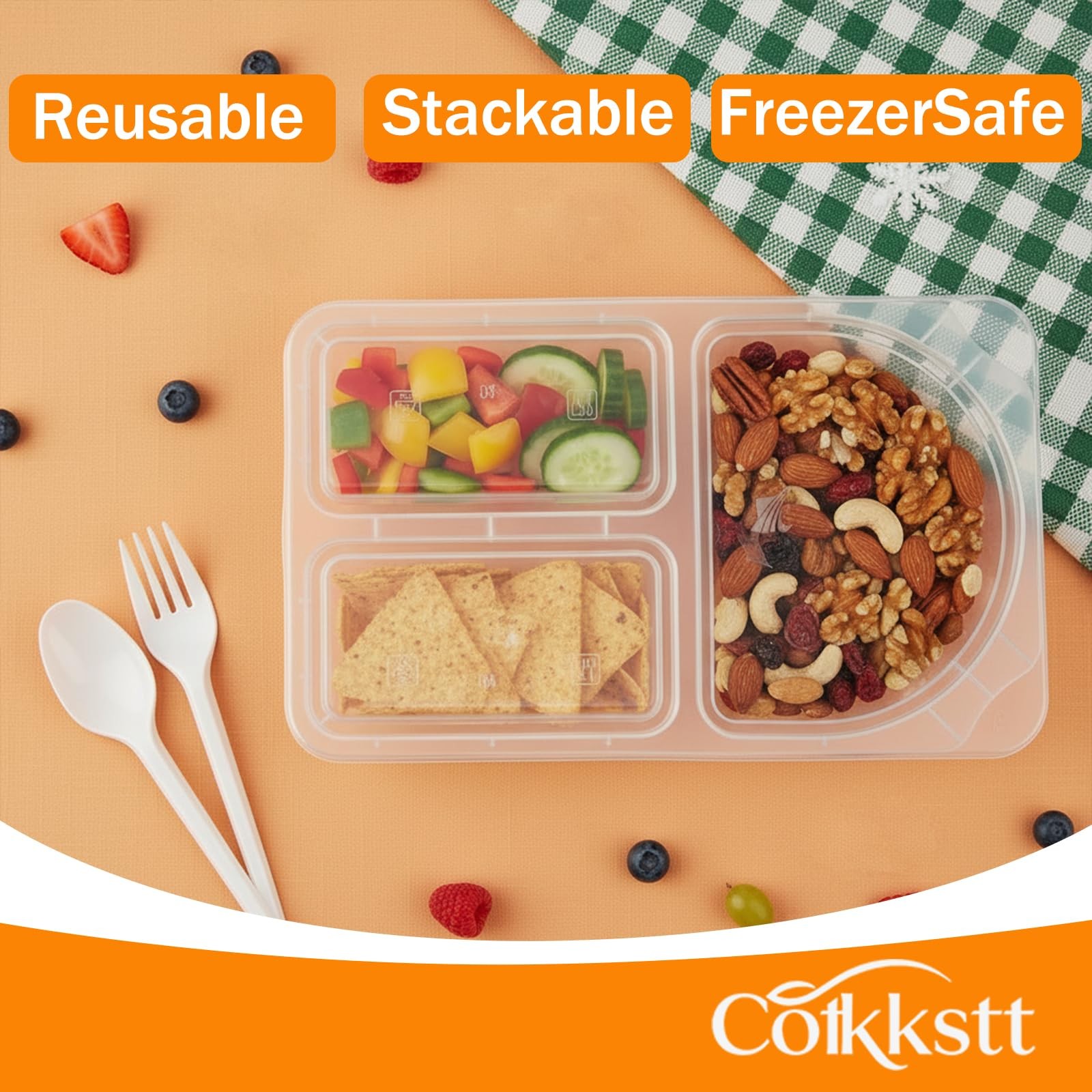80Pack 9oz Reusable Snack Containers with Lids for Kids, 3 Compartment Plasti…