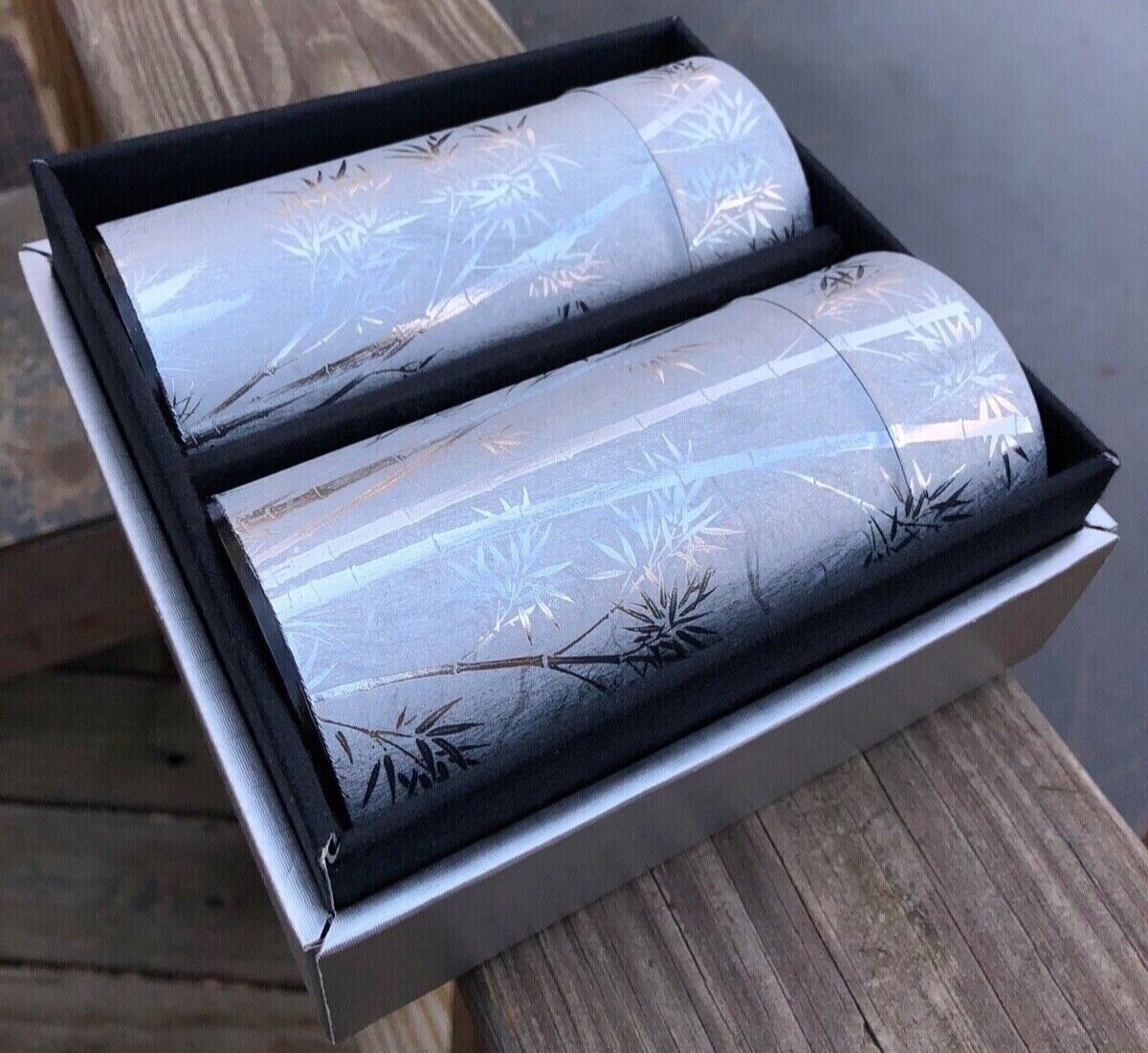 Boxed Set of two tin containers with lids silver rice paper bamboo motif -Japan 