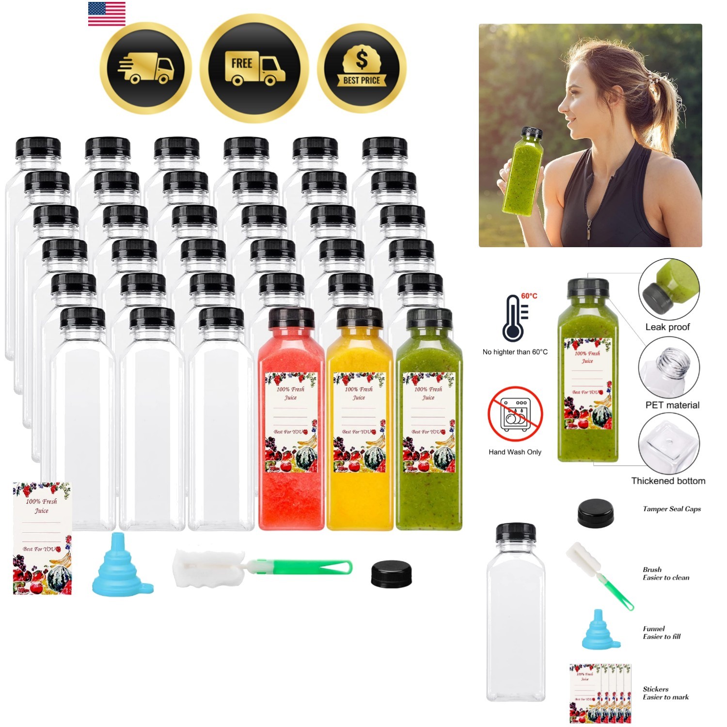36pcs 12oz Plastic Juice Bottles with Caps, Reusable Juicing Bottles, Clear D…