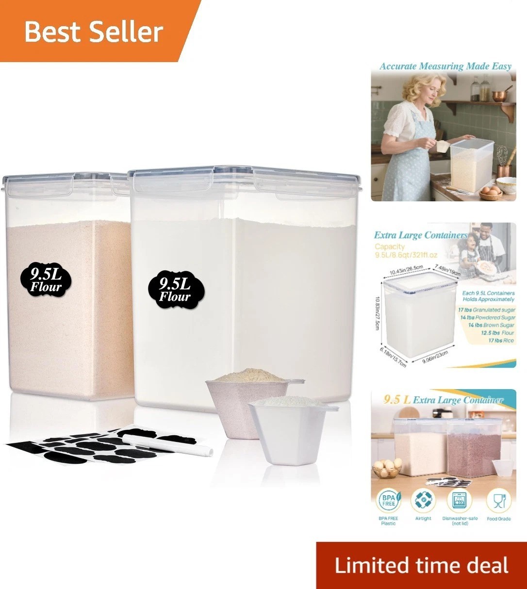 BPA-Free 9.5L Extra Large Food Storage Canisters with Measuring Cups – 2 Pack