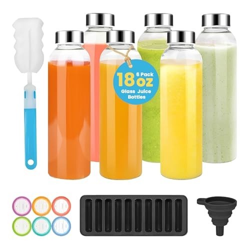 18 oz Reusable Glass Juice Bottles with Lids – Airtight Stainless Steel Caps, 6-