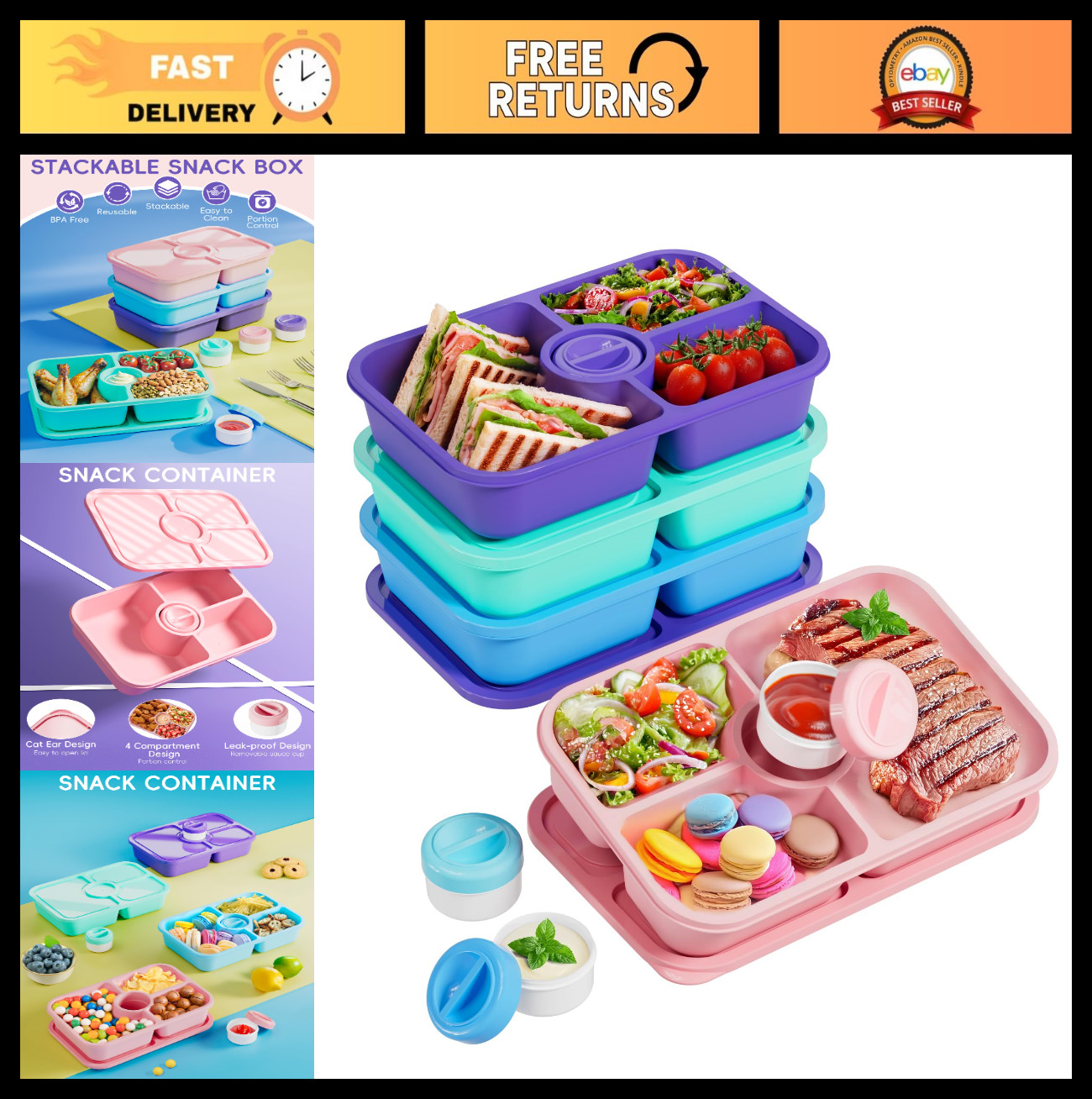 4 Pcs Divided Bento Snack Box Containers, Stackable Meal Prep Lunch Boxes with L