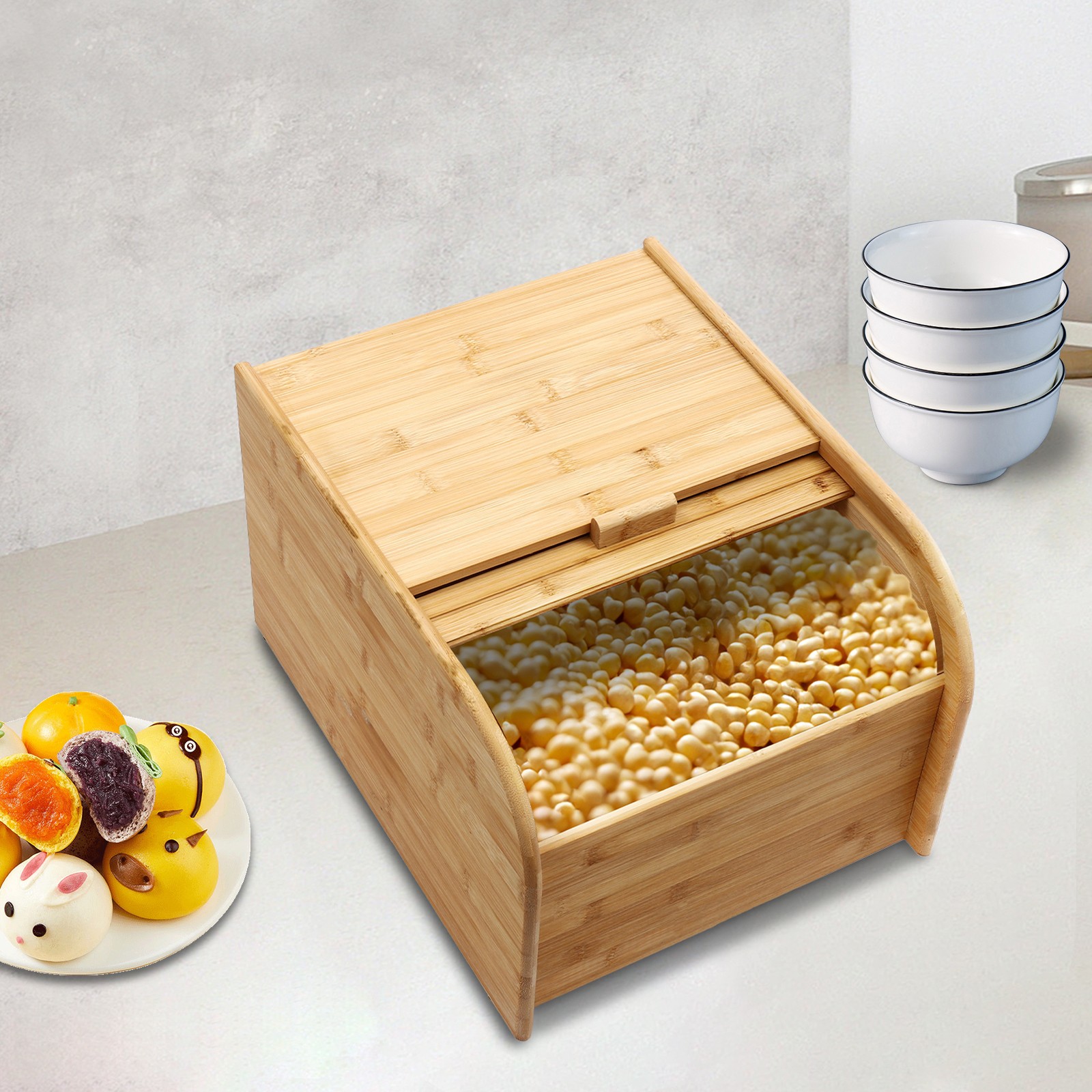 Bamboo Rice Storage Container 15kg Capacity Pull Out Door Airtight Dry Food Bin