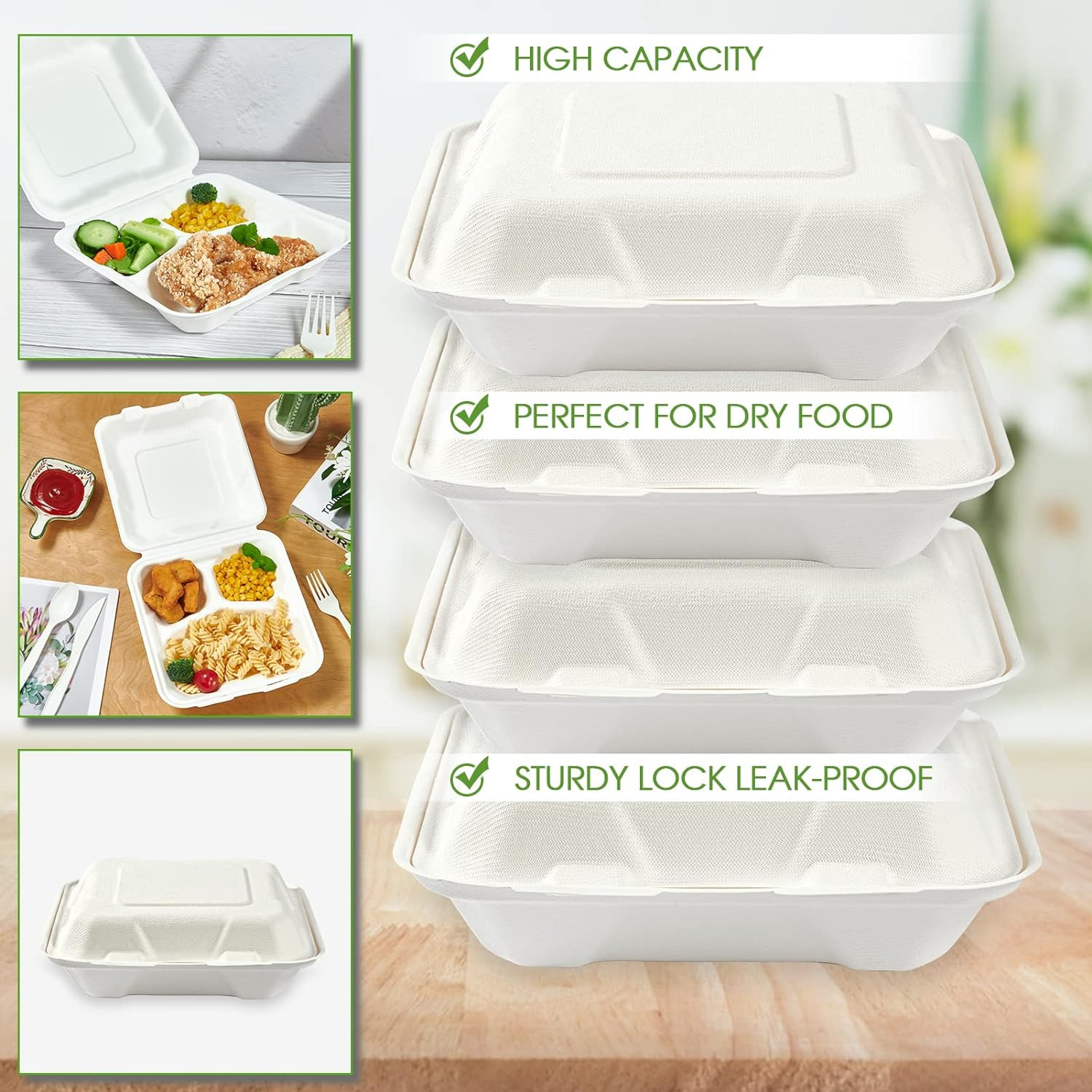 Vplus 100% Compostable Clamshell Take Out Food Containers, 90 PACK 8 Inch X 8 In