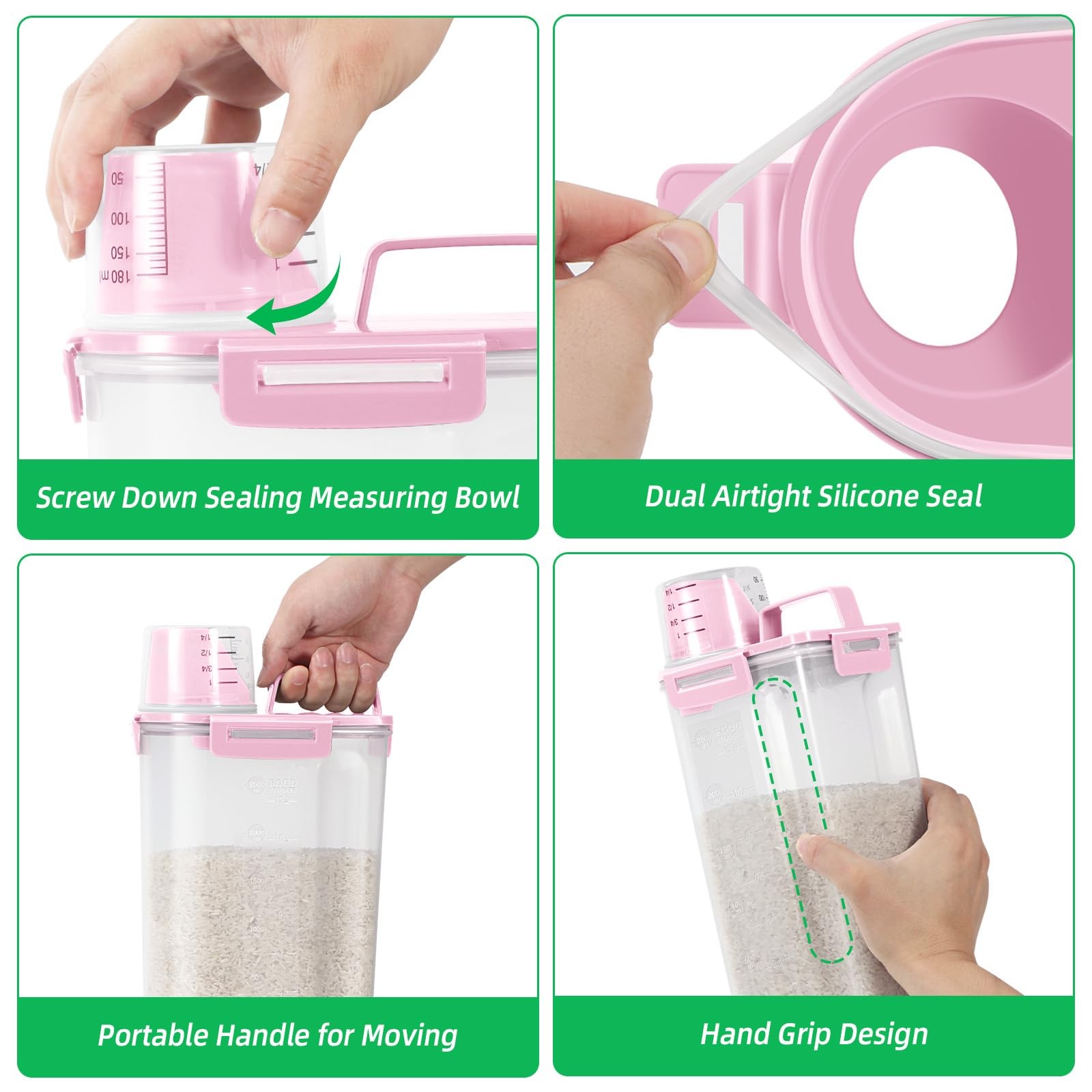 TBMax Rice Container 2 Pack 5 Lbs Cereal Storage, Pink 3+3Qt