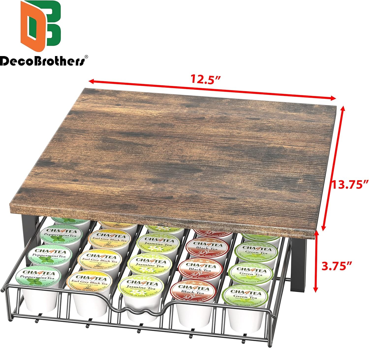 DecoBrothers K-Cup Holder Drawer for 30 Capsules, Rustic Brown with Wood Top