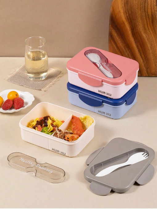 1Pc Bento Lunch Box With 2 Compartments & Cutlery – Reusable Microwave Safe
