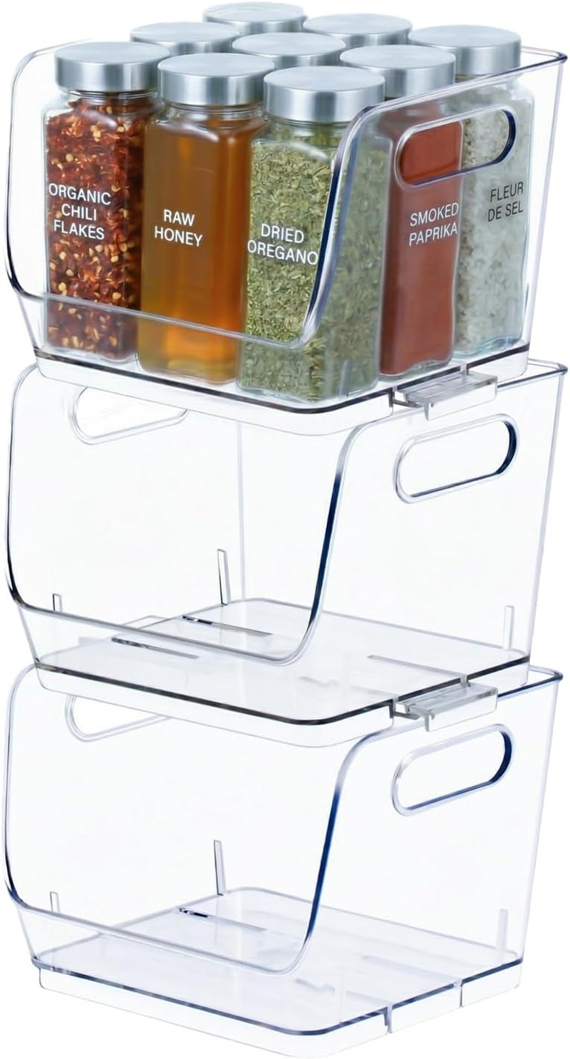 Set of 3 Open-Front 7-Inch Clear Storage Bins with Easy-Grip Handles Stackable T
