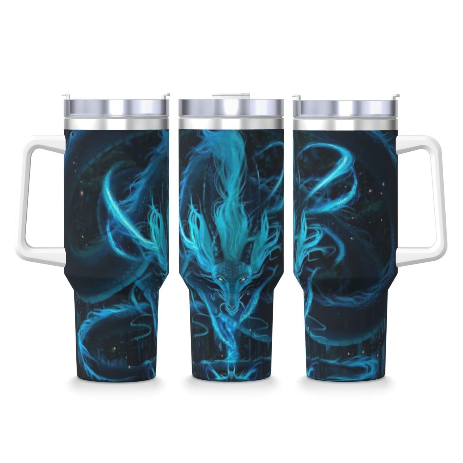 Ptonuic Blue Dragon 40 Oz Tumbler Handle And Straw Lid Cup Reusable Stainless