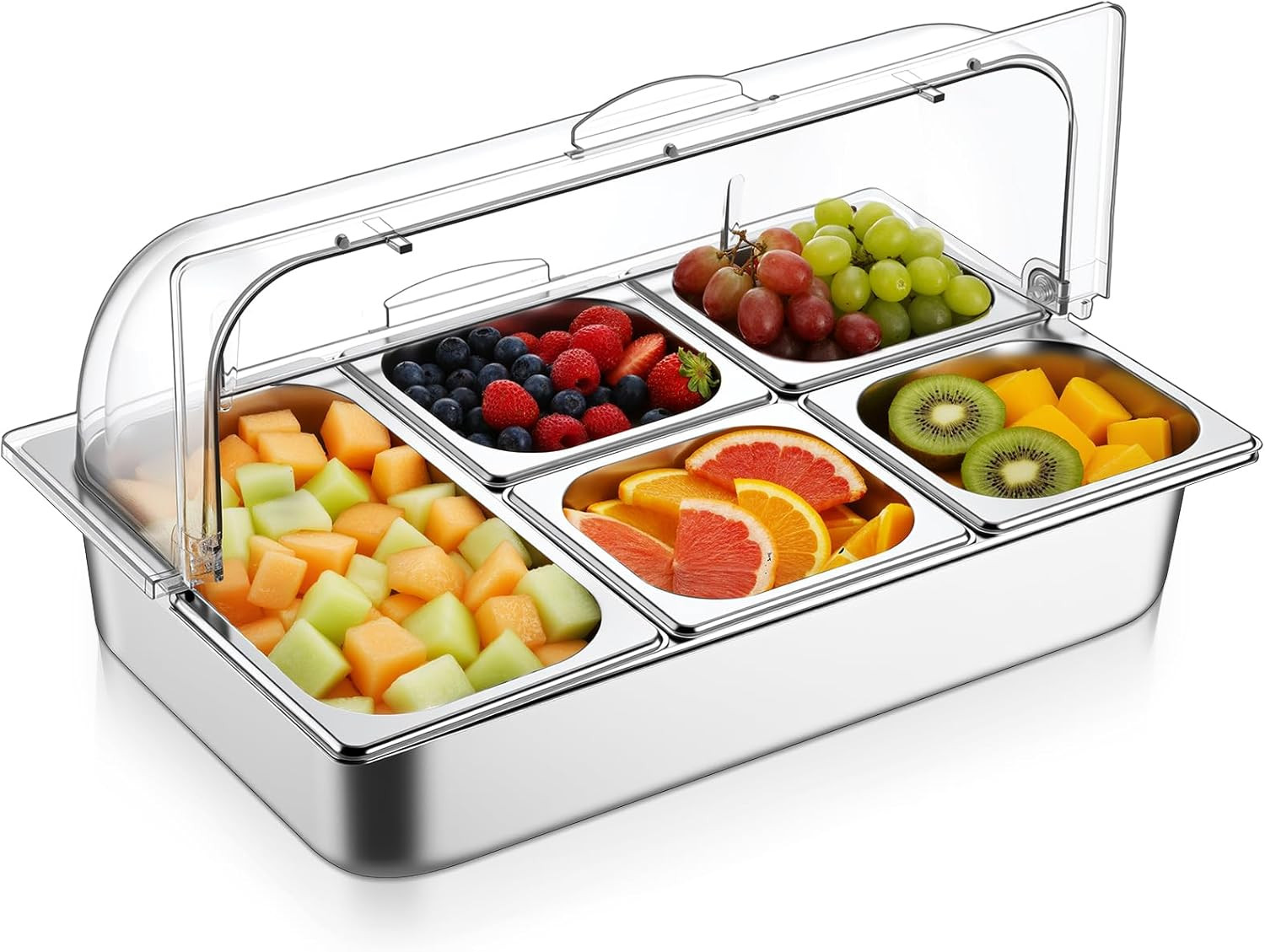 Stainless Steel Buffet Display Tray with Clear Roll Top Cover for Food Serving