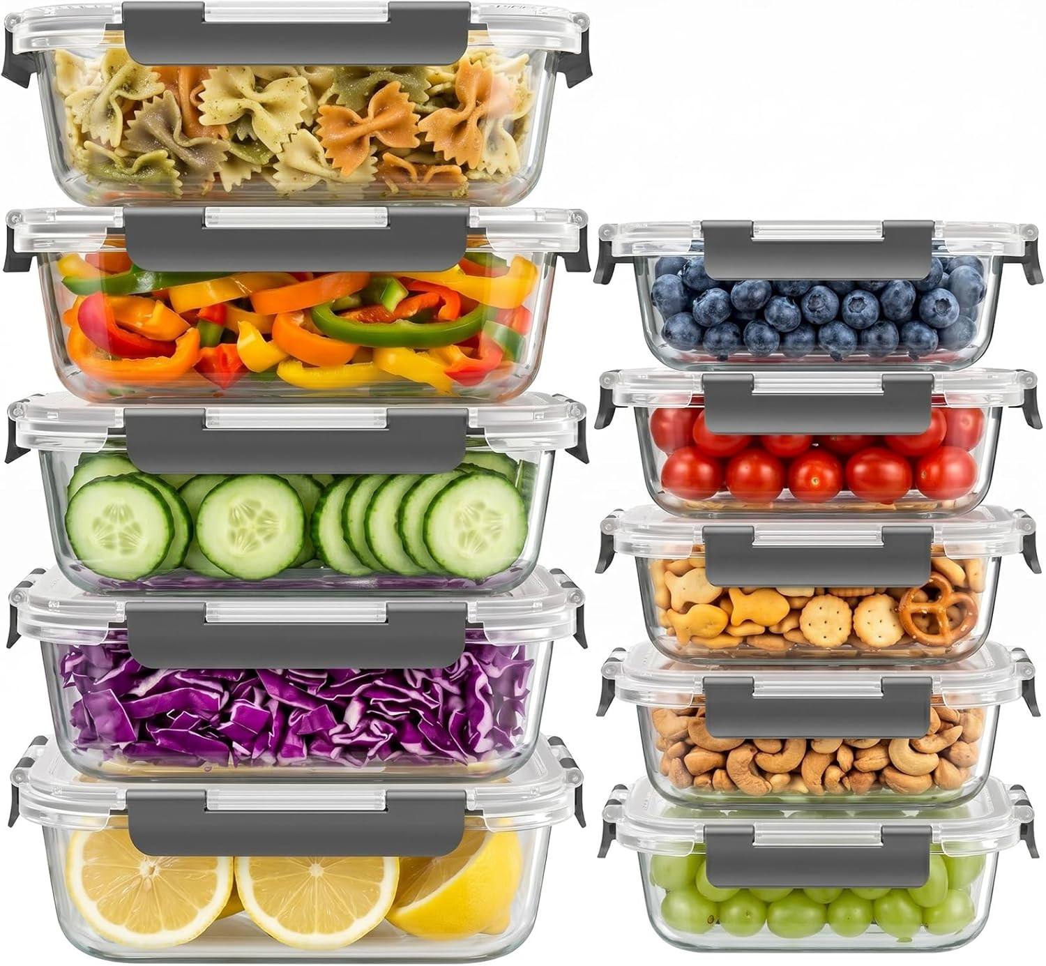 Dealusy 10 Sets 20 Piece 36 oz 12 oz Glass Food Storage Containers Gray