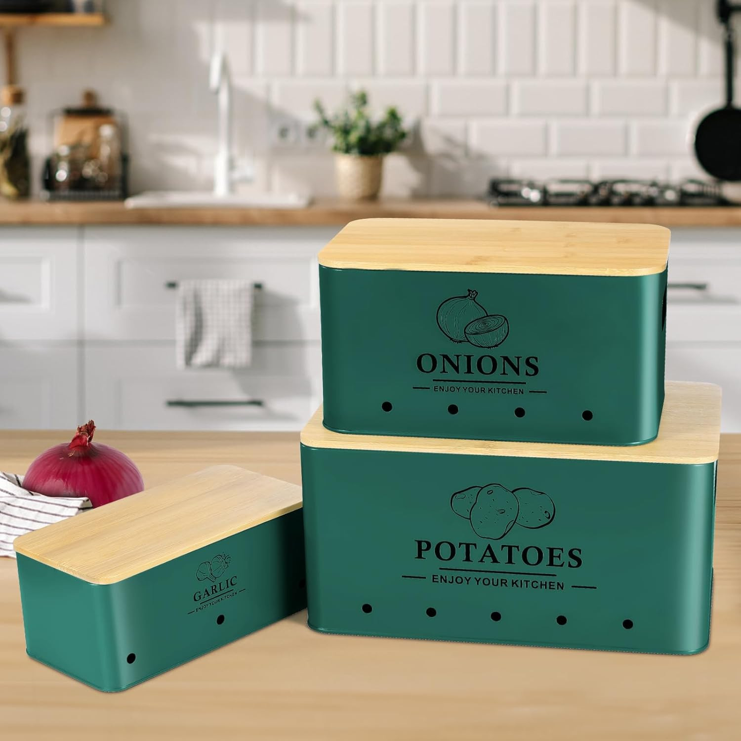 Kitchen Vegetable Storage Set of 3, Metal Onion Garlic Potato Storage Set, Kitch