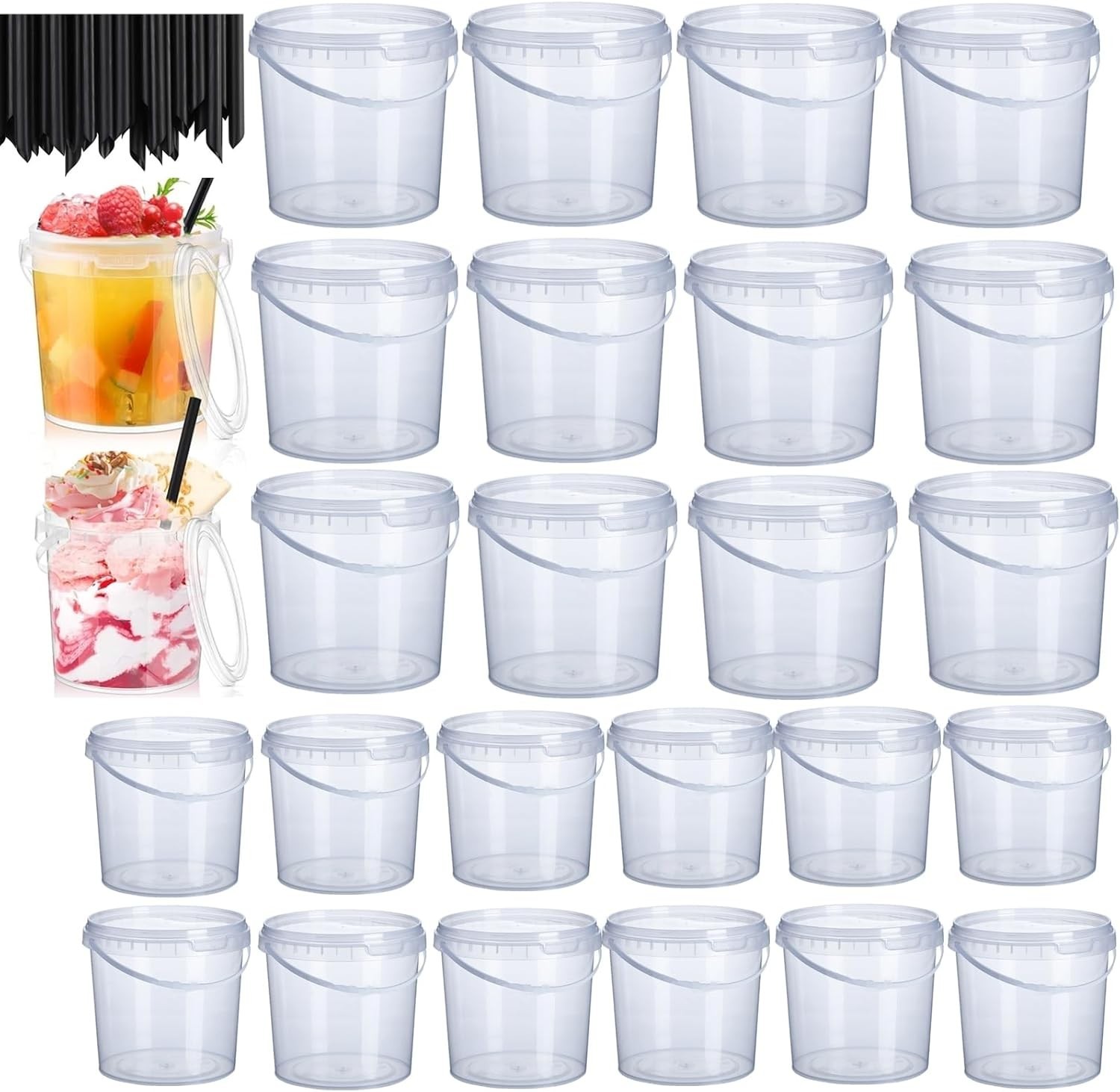 24 Pack Ice Cream Bucket with Lids and Handles, 25OZ/ 33OZ Clear Plastic Rum …