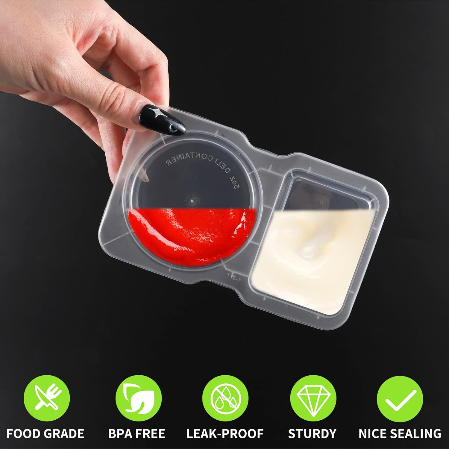 25 Set Reusable Snack Containers with Lid, 2 Compartment Plastic Condiment Conta