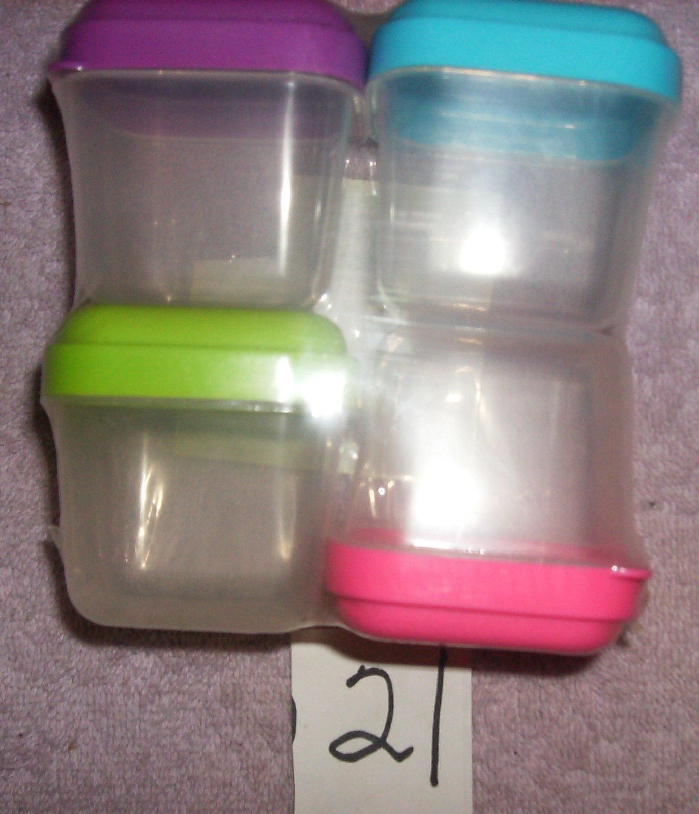 4 PACK SNACK CONTAINER WITH LID PURPLE BLUE GREEN PINK SMALL 2 3/4″ SQUARE #21