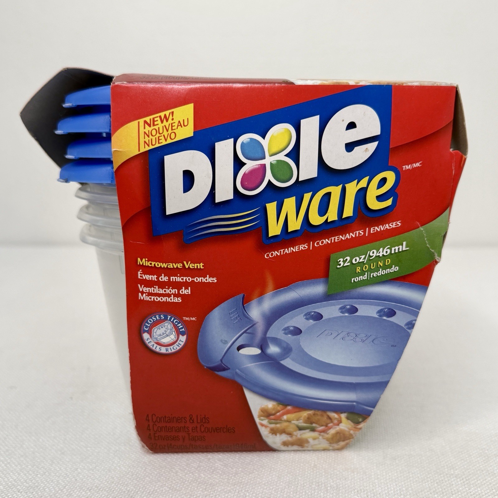 Dixie Ware 4 Count Pack Plastic Food Containers Microwave Vent 32oz Round NEW