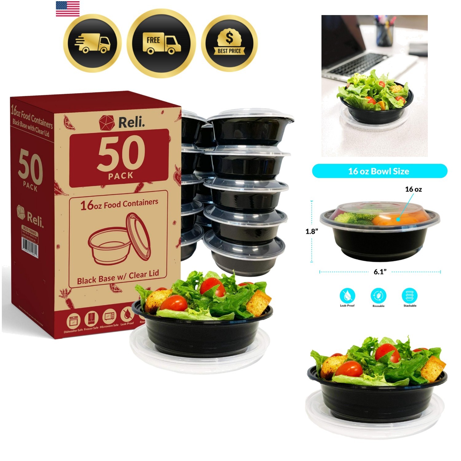 Meal Prep Bowls w/Lids – 50 Pack 16 oz | Disposable Bowls with Lids | Microwa…