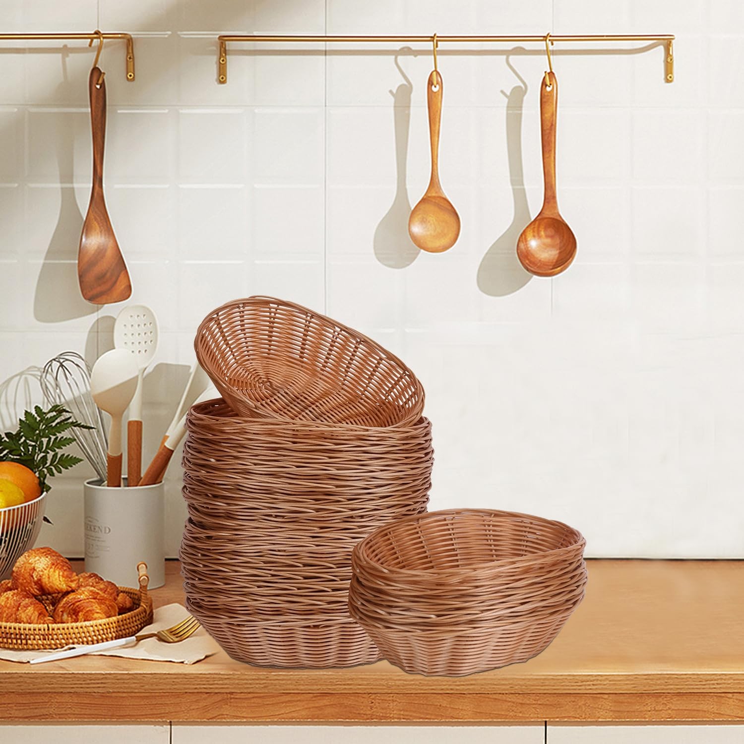 Oval Woven Wicker Bread Fruit Serving Basket 9.06×5.91×2.56 Inch 22 PCS
