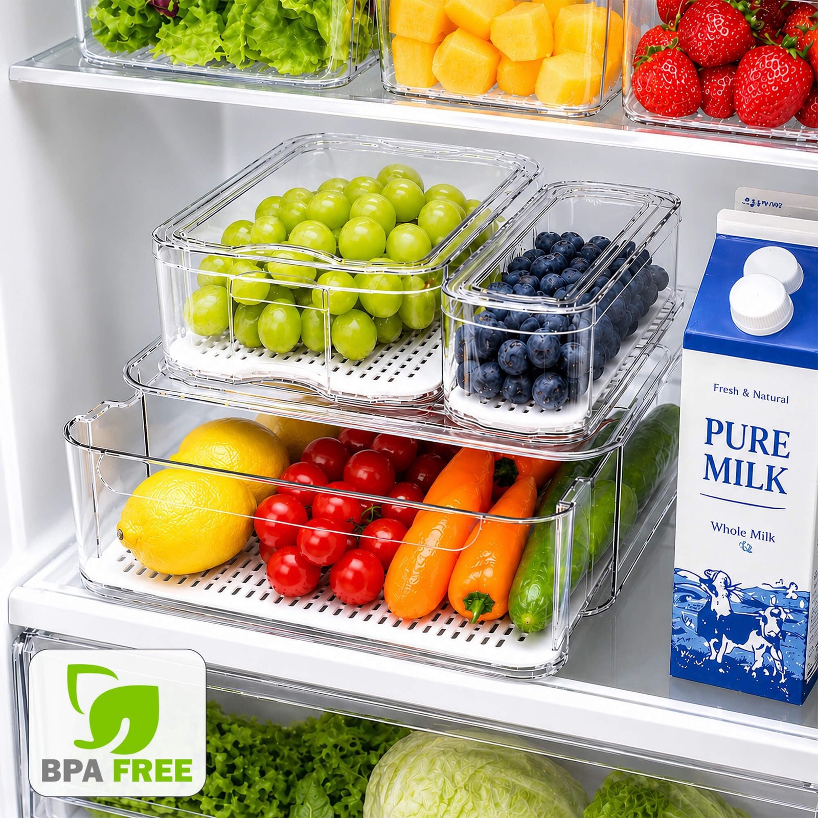 SMRCAD Fridge Organizers and Storage, 8 Bins (Include Pull Out Drawer), clear