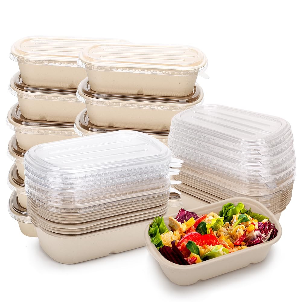 Aksipo 50 Pack 29 Oz Disposable Meal Prep Containers with Lids, Rectangle Paper