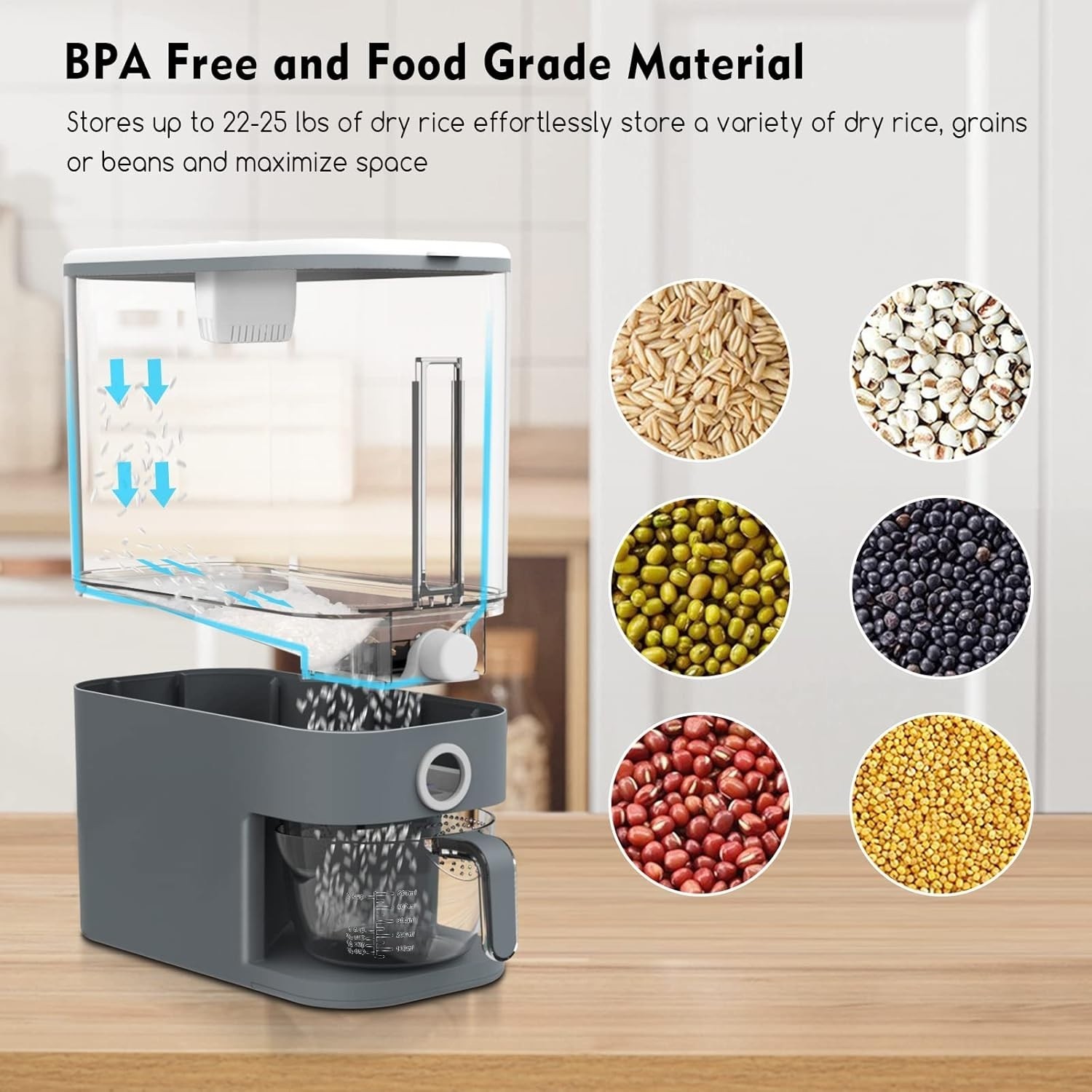 Dispensador De Arroz Cocina Dispensador Almacenamiento Cocina Granos 25lbs Nuevo