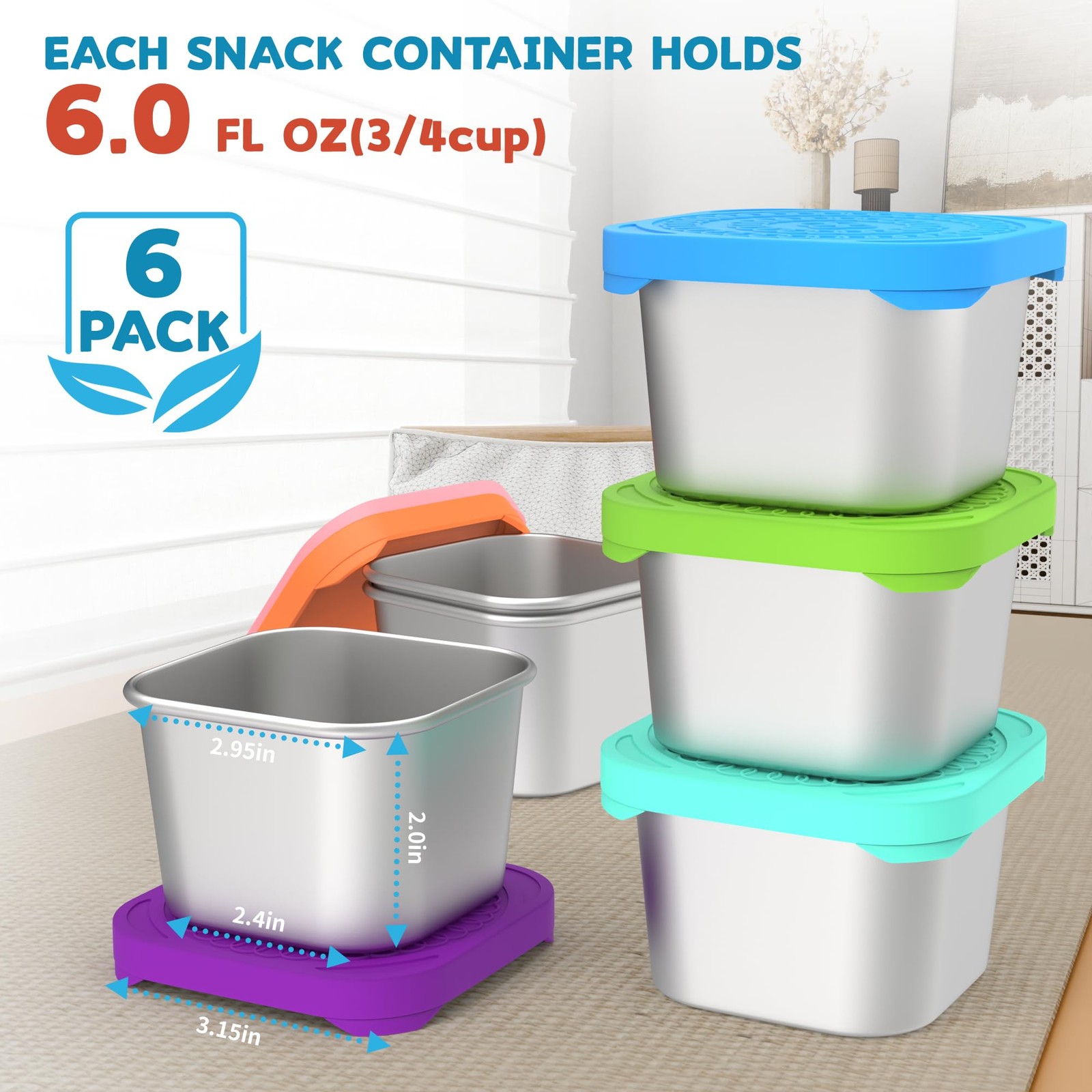 6 Pack 6oz Stainless Steel Snack Containers, Easy Open Leak Proof Stainless S…