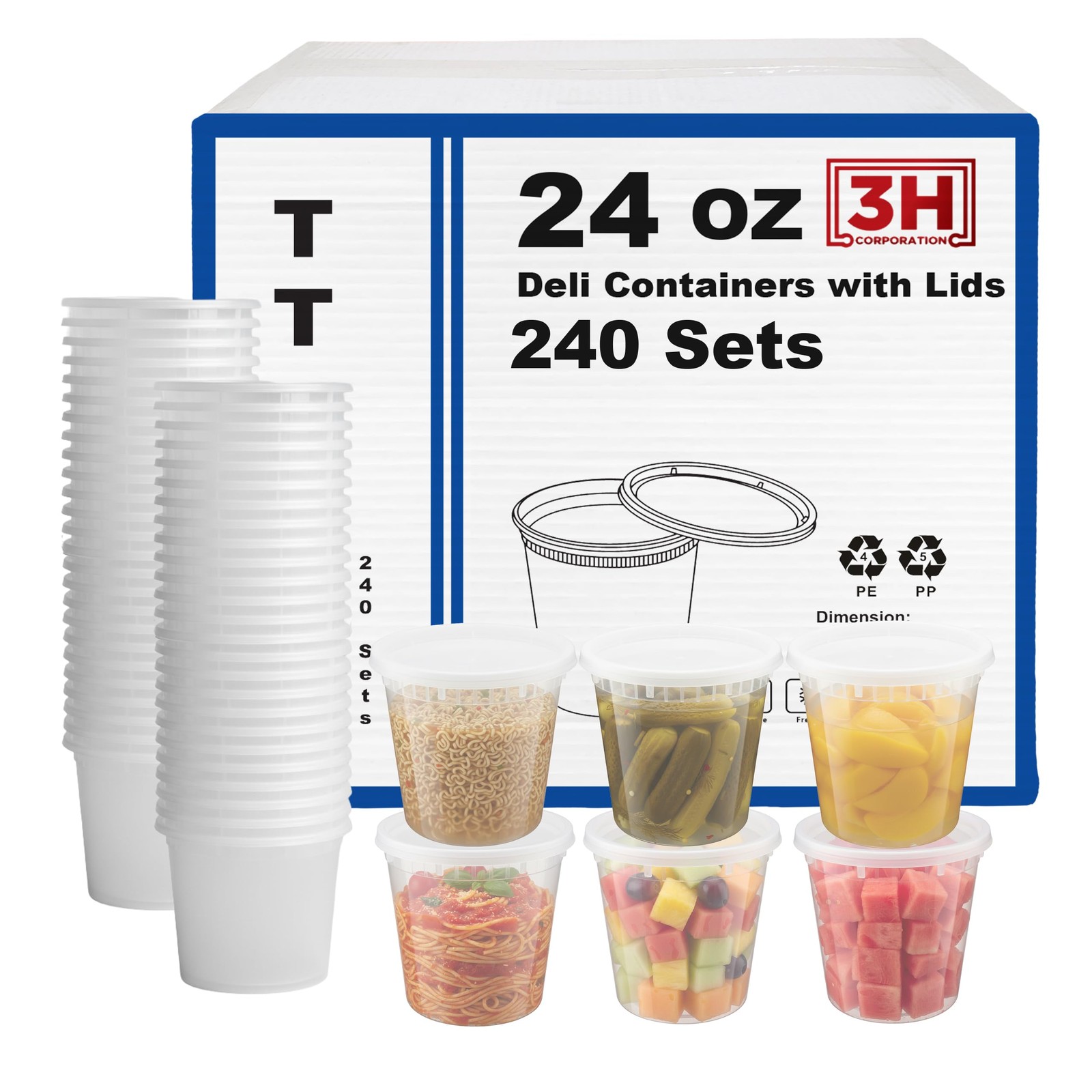 3H CORPORATION 24 oz Food Storage Containers with Lids (240 Set/480 Piece) De…