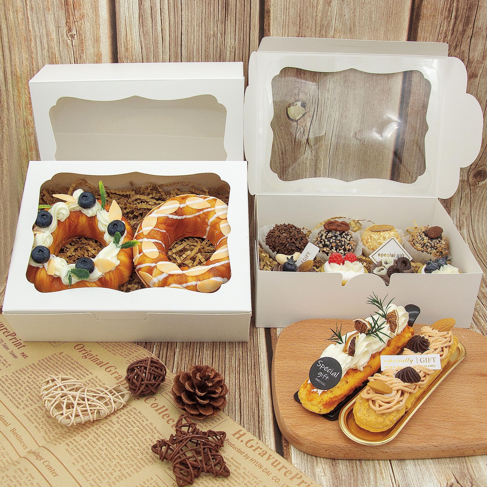 50pcs 8x6x2.5 Inch White Bakery Boxes Cookie Boxes with Window Treat Boxes De…
