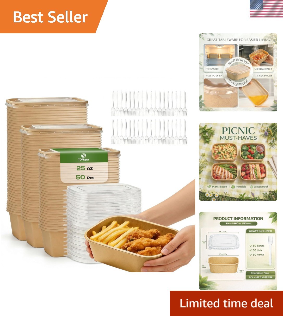 Versatile 50 Pack 25 OZ Kraft Paper Food Containers with Lids for All Occasions