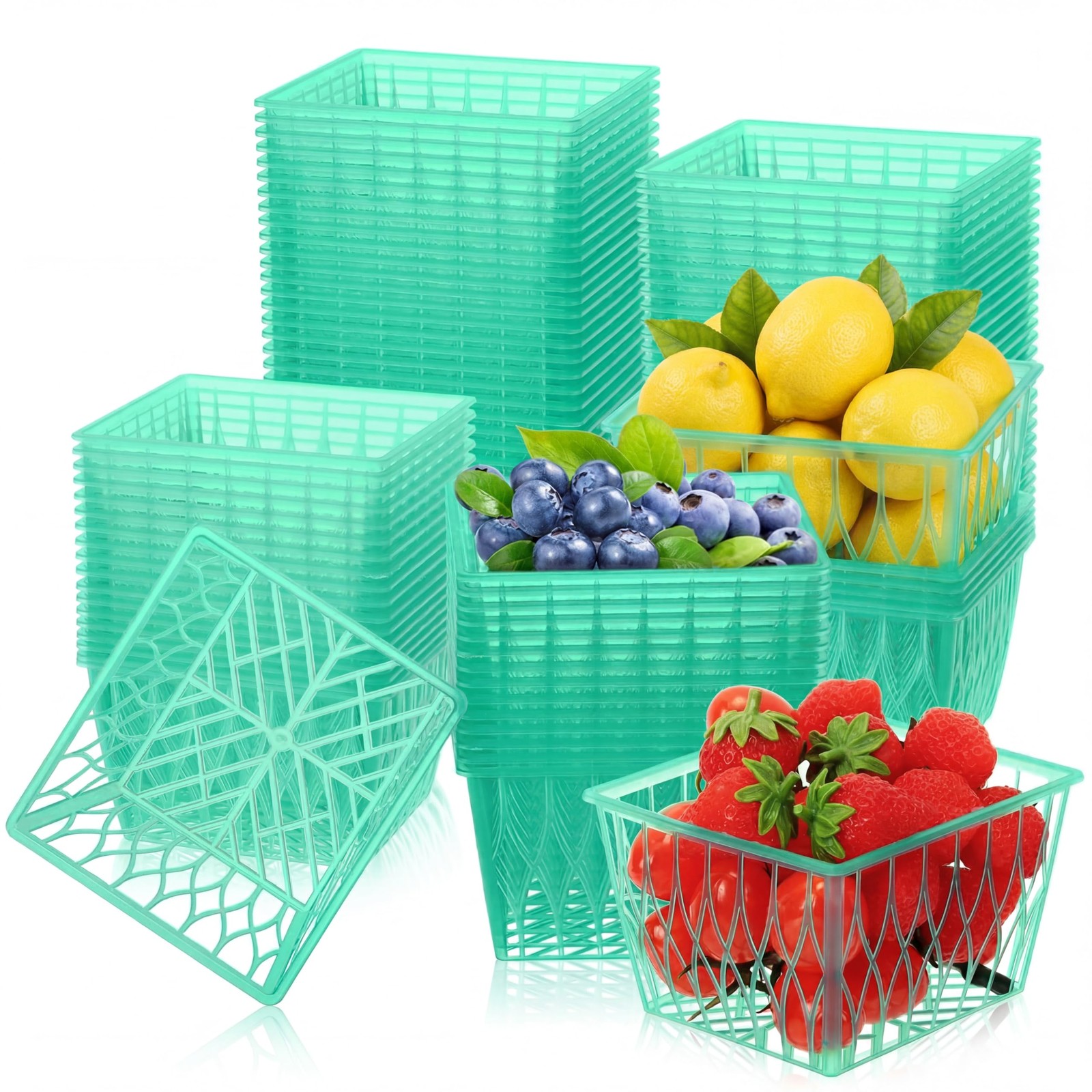 100 Pcs Pint Size Plastic Berry Baskets Boxes Green Strawberry Basket with Open