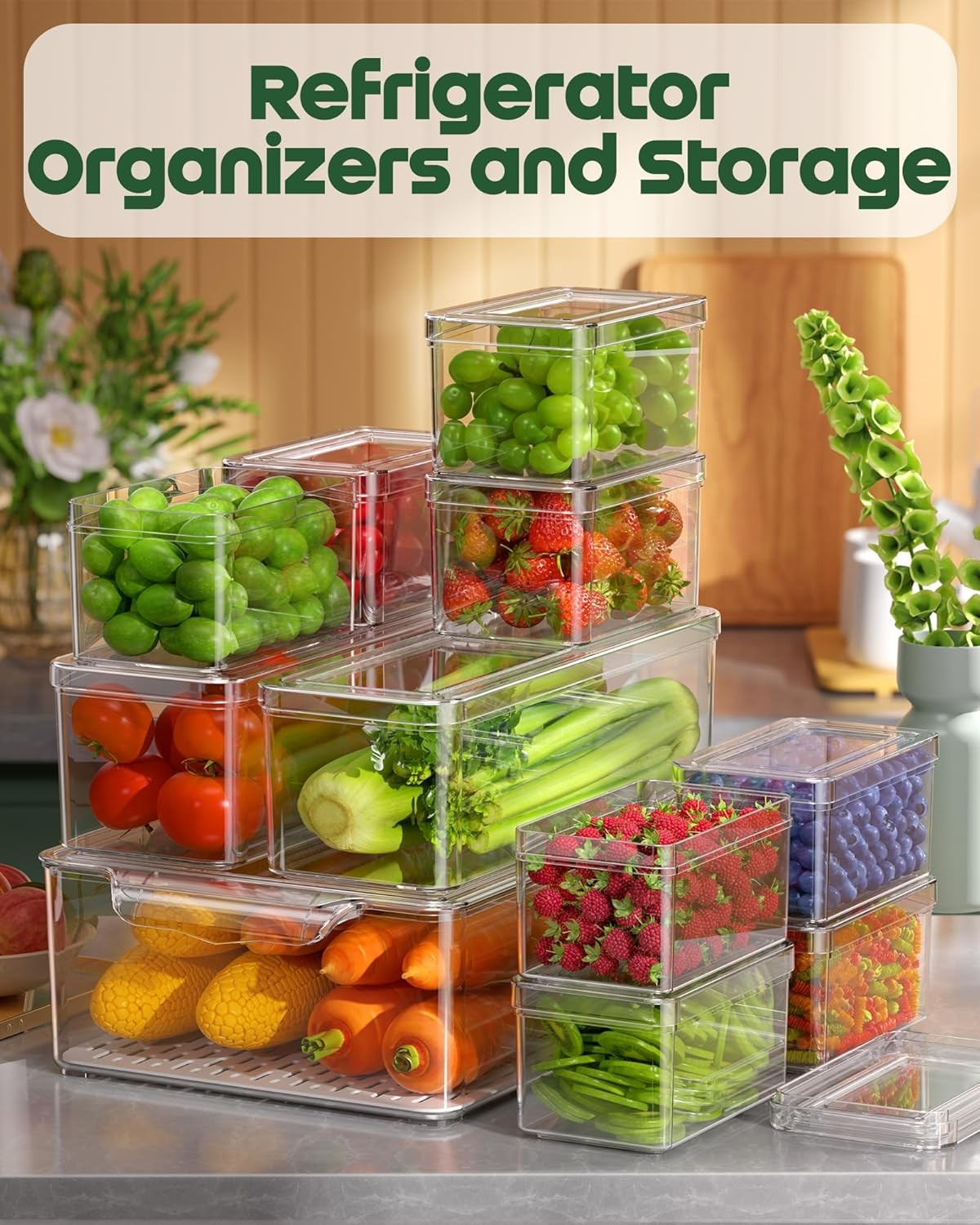 11-Piece Refrigerator Storage Container Set, Clear Plastic Fruit Storage Boxes