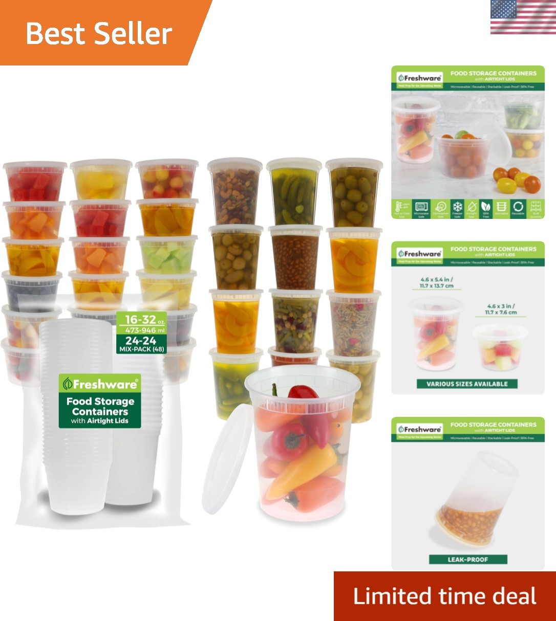 48 Pack of 16 and 32 oz, 24 sets each size Food Storage Containers with Lids,…