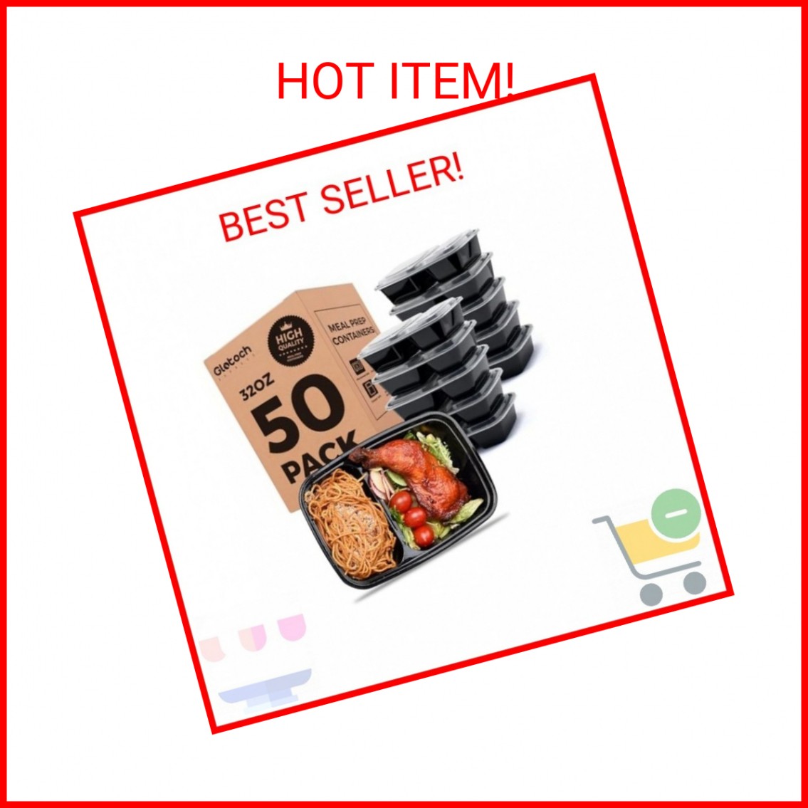 50 Pack (100-Piece) 32 oz Sturdy Leakproof 2-Compartment Meal Prep Containers wi