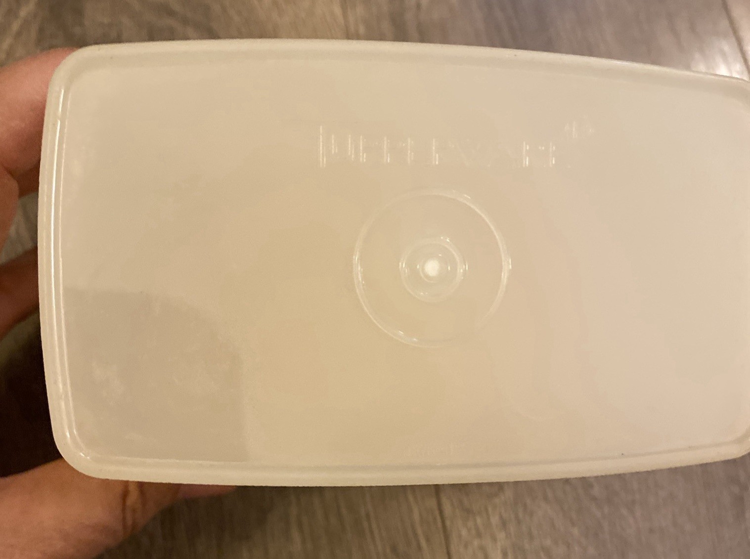 Tupperware Yellowish Lid W Clear Storage Rectangle Container 6×4.5x4x4” Vtg EUC