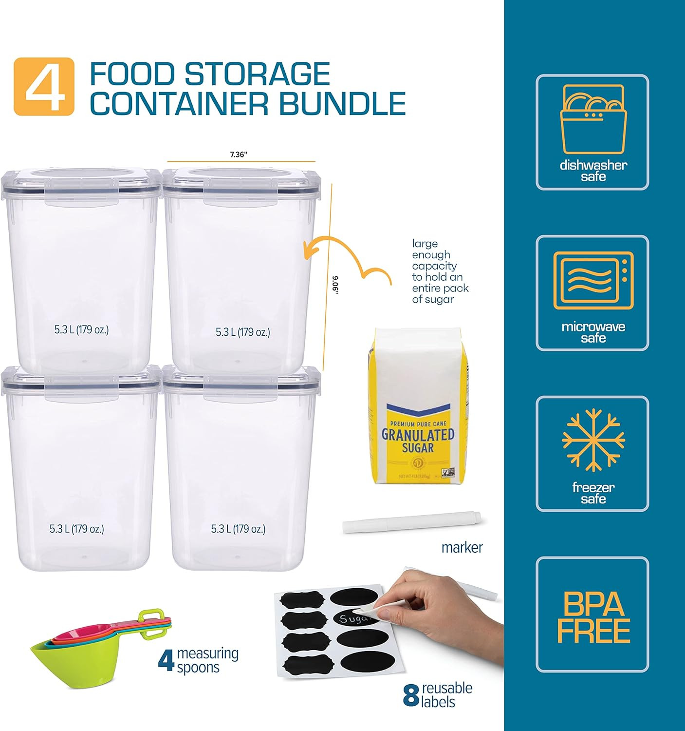 Flour Sugar Storage Containers (5.3L/4Pk) Great Rice Canisters Sets for the Kitc