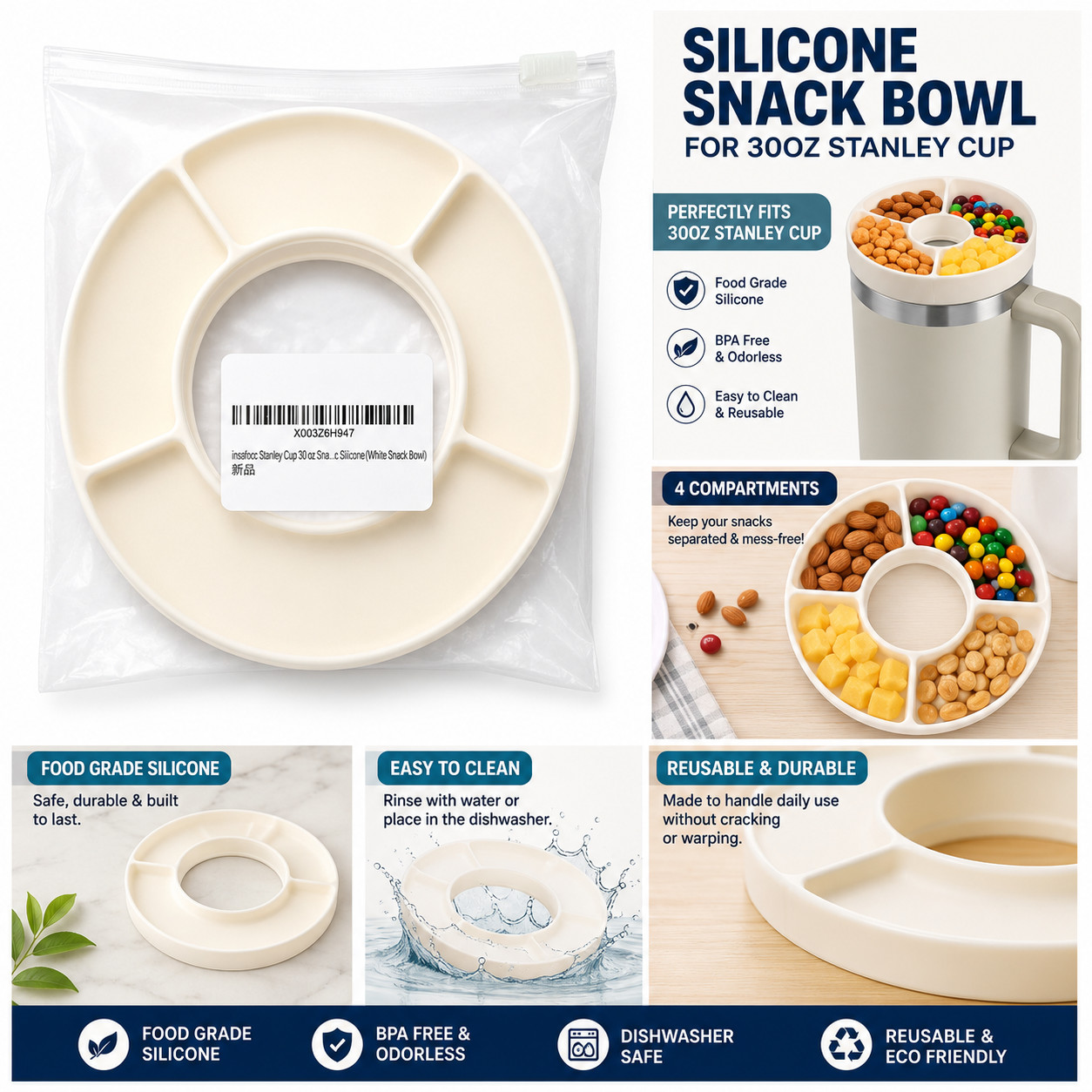Silicone Snack Bowl for Stanley 30 oz Cup 4 Compartment Snack Tray White Lid