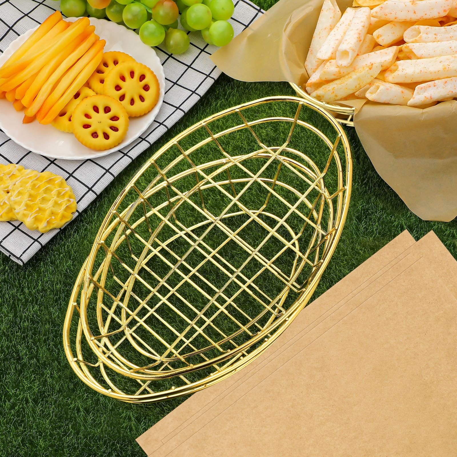 12 PCS Wire Bread Basket 9.5×6.2×2.2 Inch Oval Metal 50 Deli Wrapper Paper