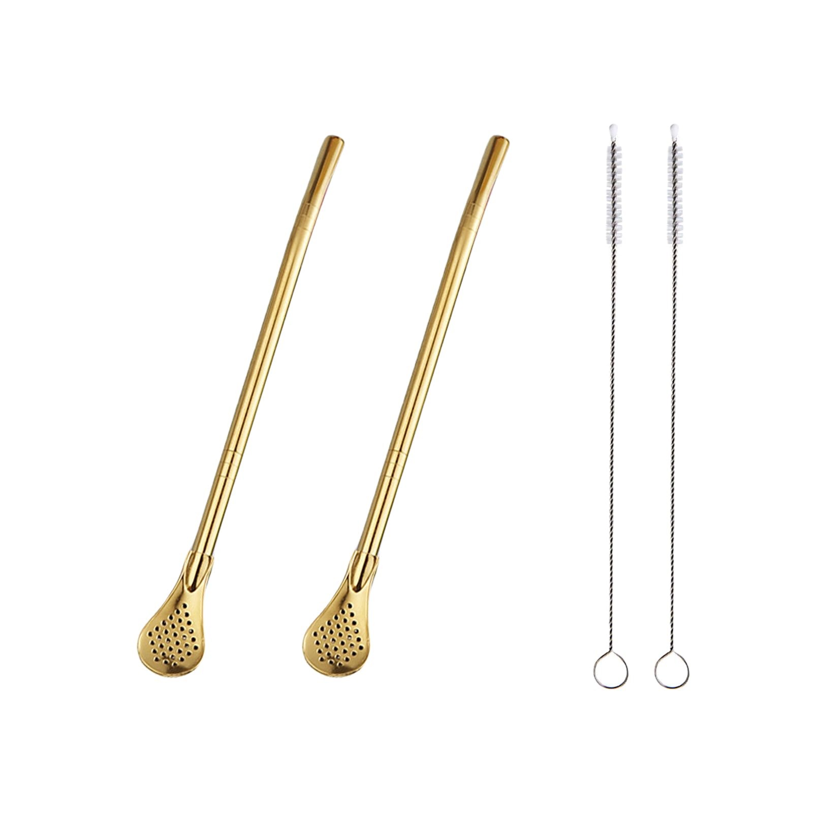 2 Pieces Stainless Steel Straw Spoon Filter with 2 Cleaning Brush, 18, Gold
