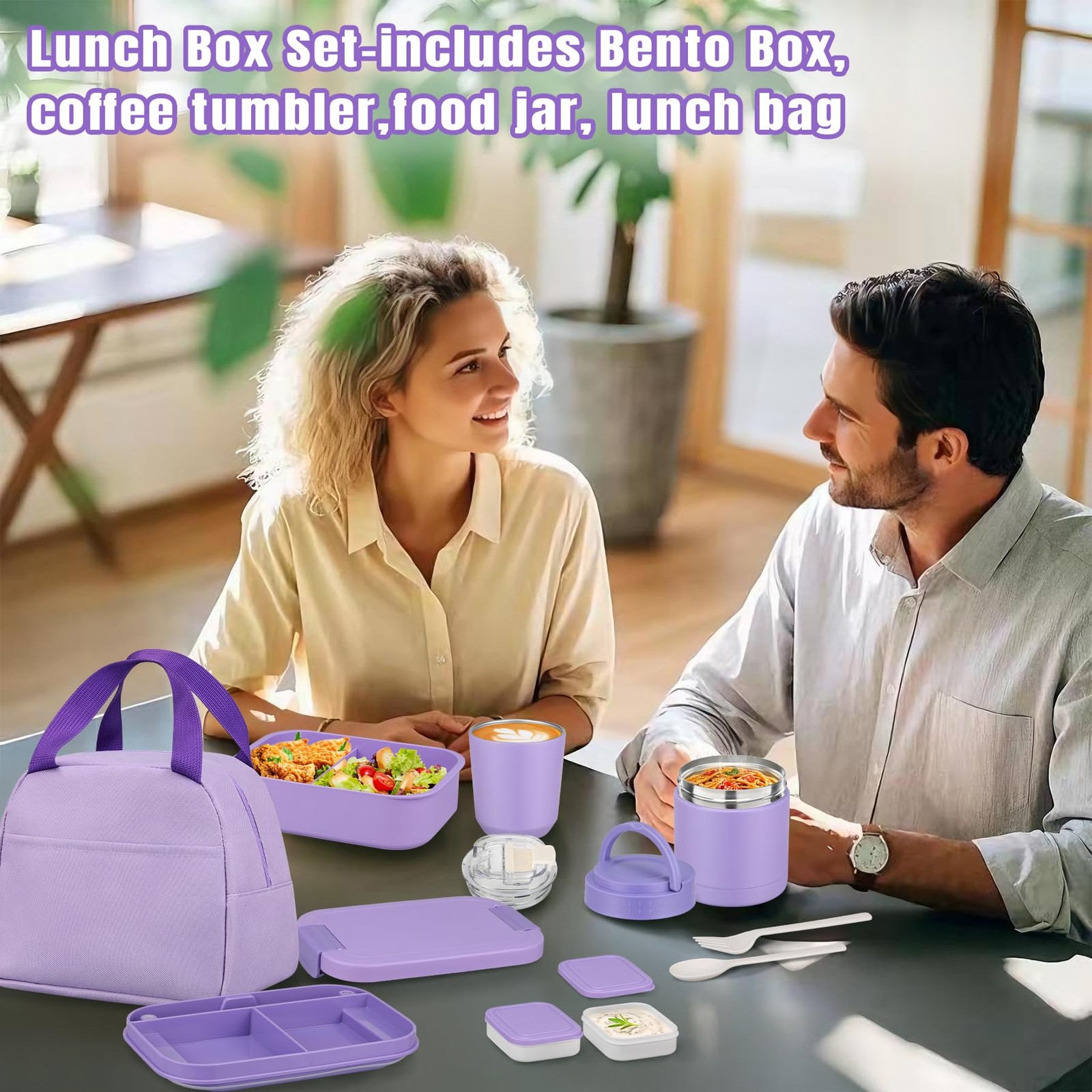 Large Bento Lunch Box Set for Adults Kids Women with 10.5oz Soup 1, Purple