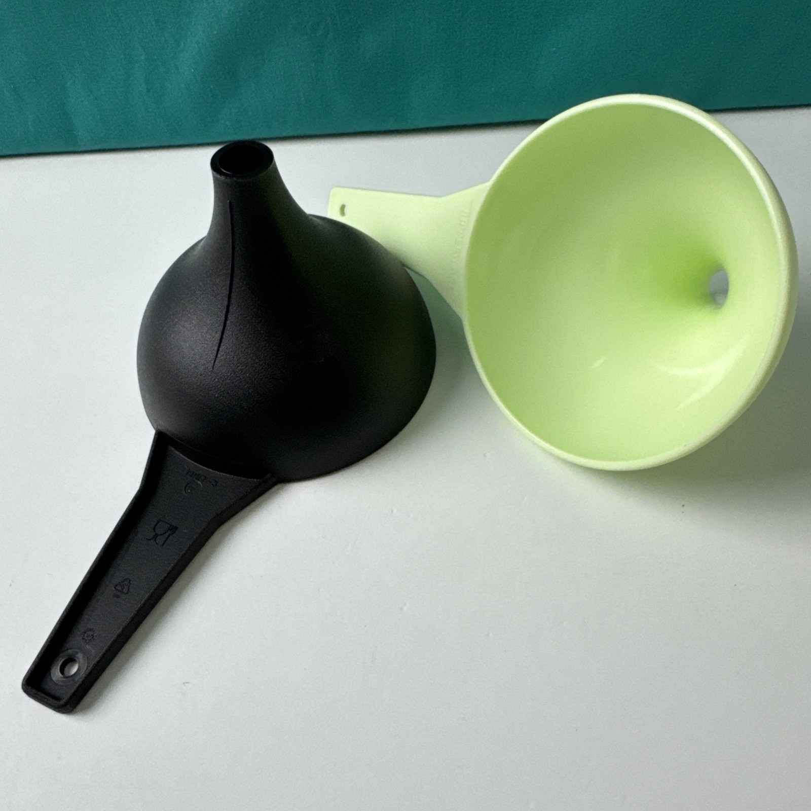 Two Tupperware Large Funnels ~Fill Oil Bottles / Black & Mint Green New