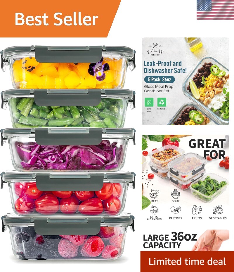 Versatile Gray Glass Meal Prep Containers – 5 Pack, Dishwasher Safe & BPA Free