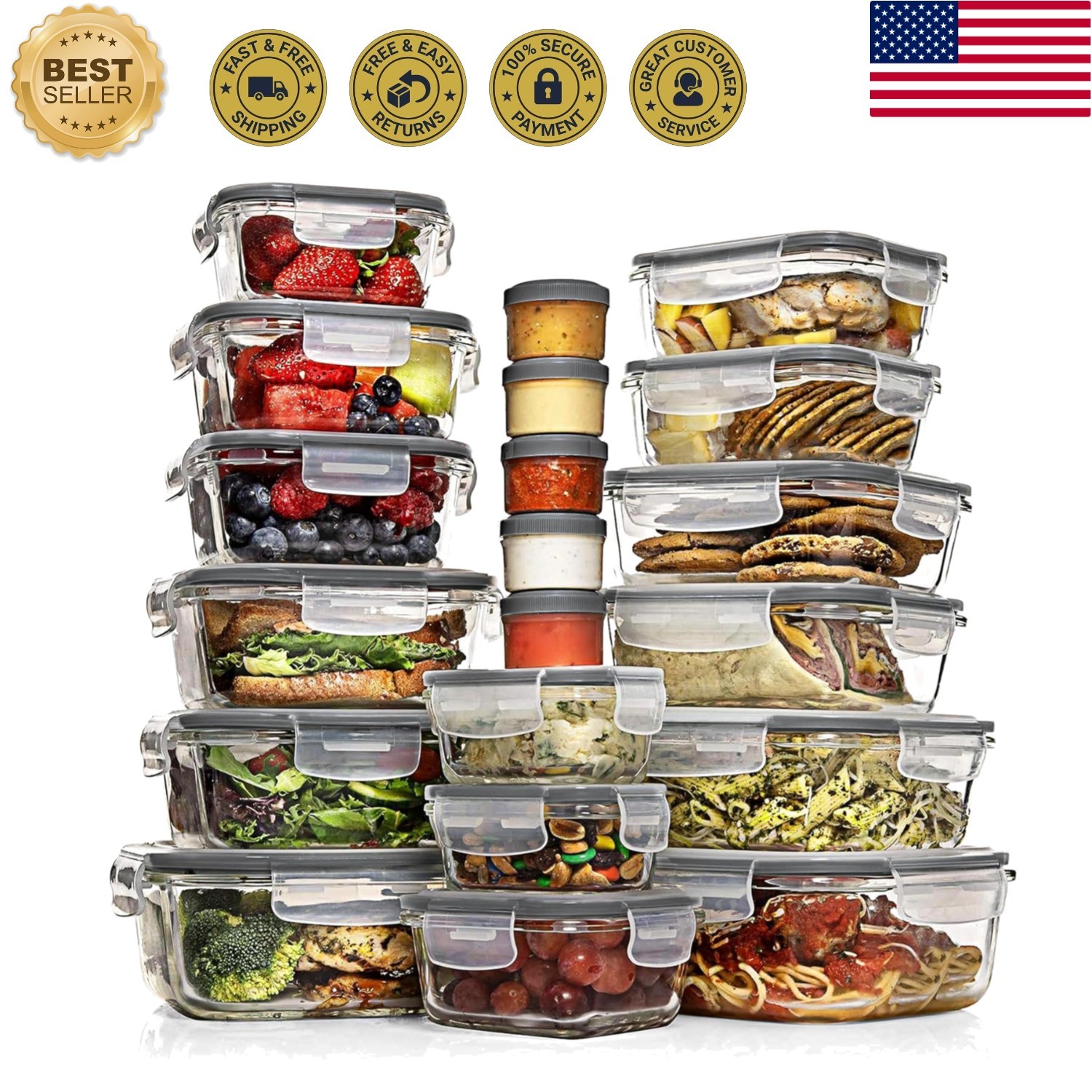 35 Pc Set Glass Food Storage Containers with Lids – Meal Prep Airtight Bento …