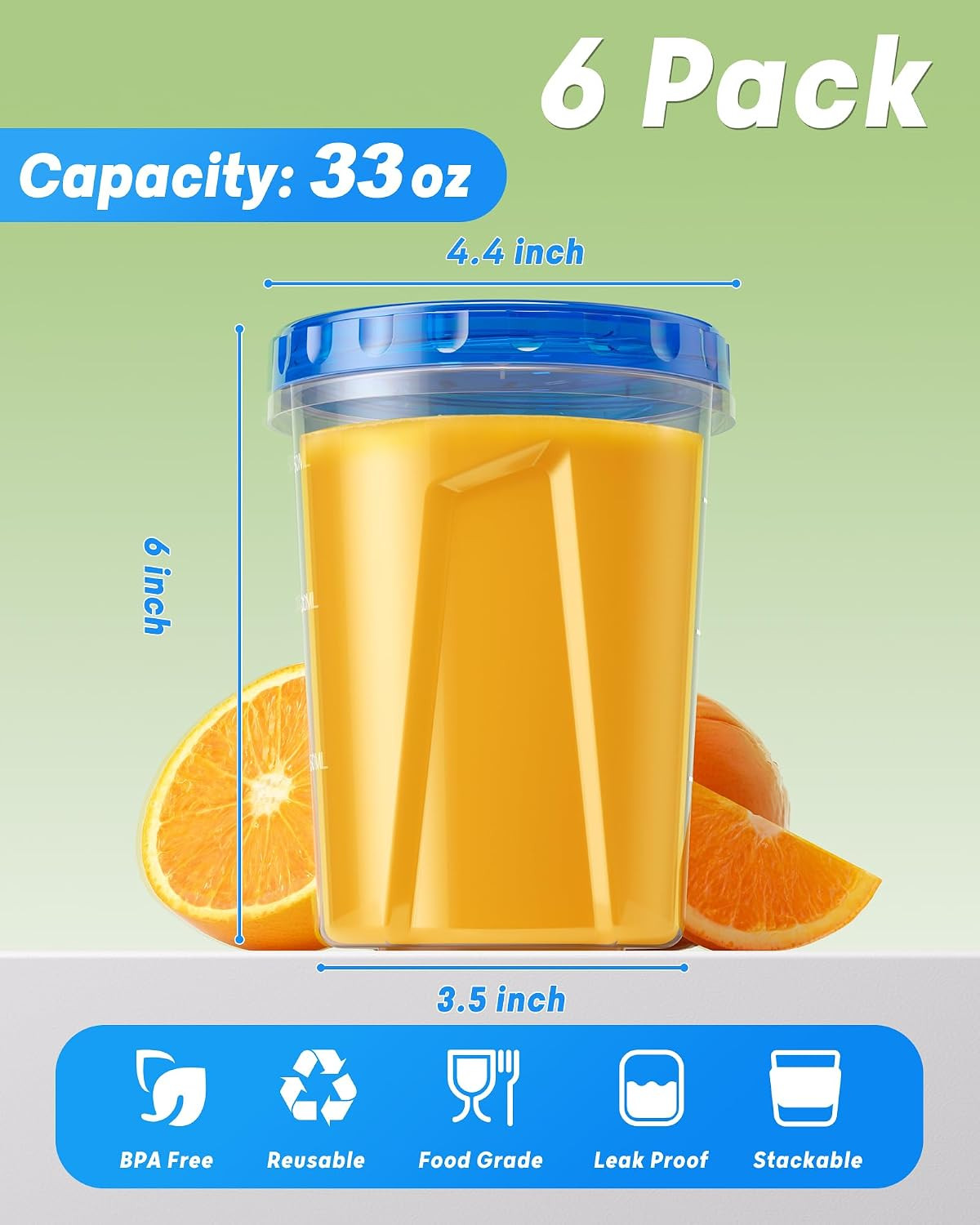 BiuLeon 6 Pack-33oz Freezer Storage Containers, Plastic Food Storage Containers