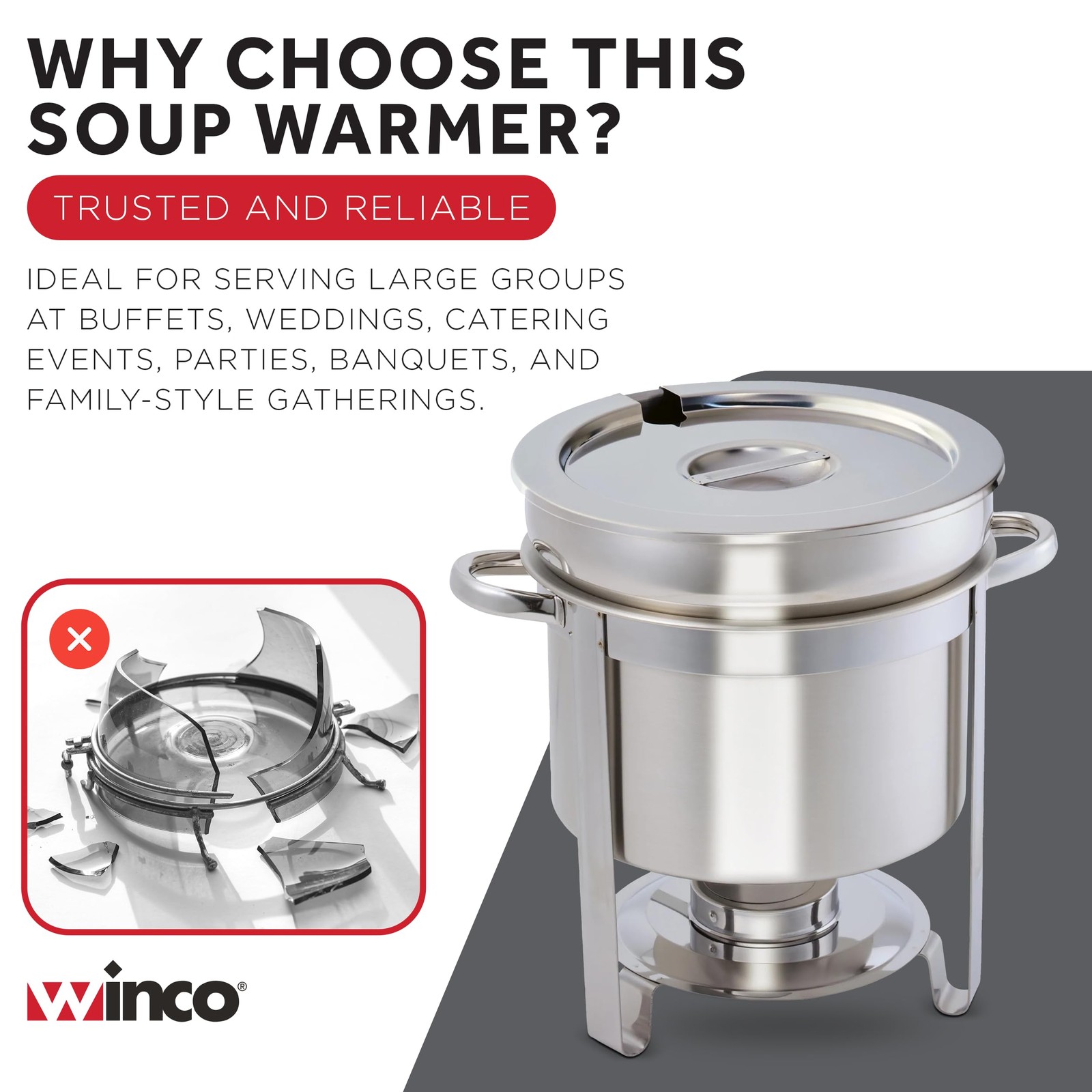 Winco 211 Stainless Steel Marmite Soup Chafer 11qt Round W/ Cover & Fram