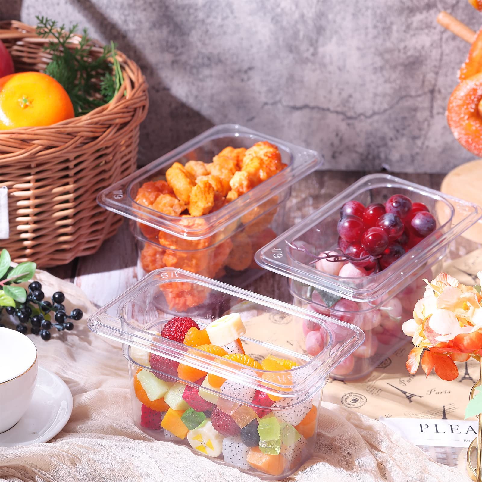 12 PCS Plastic Clear Food Pan 1/9 Size Stackable Polycarbonate 4 Inch Deep