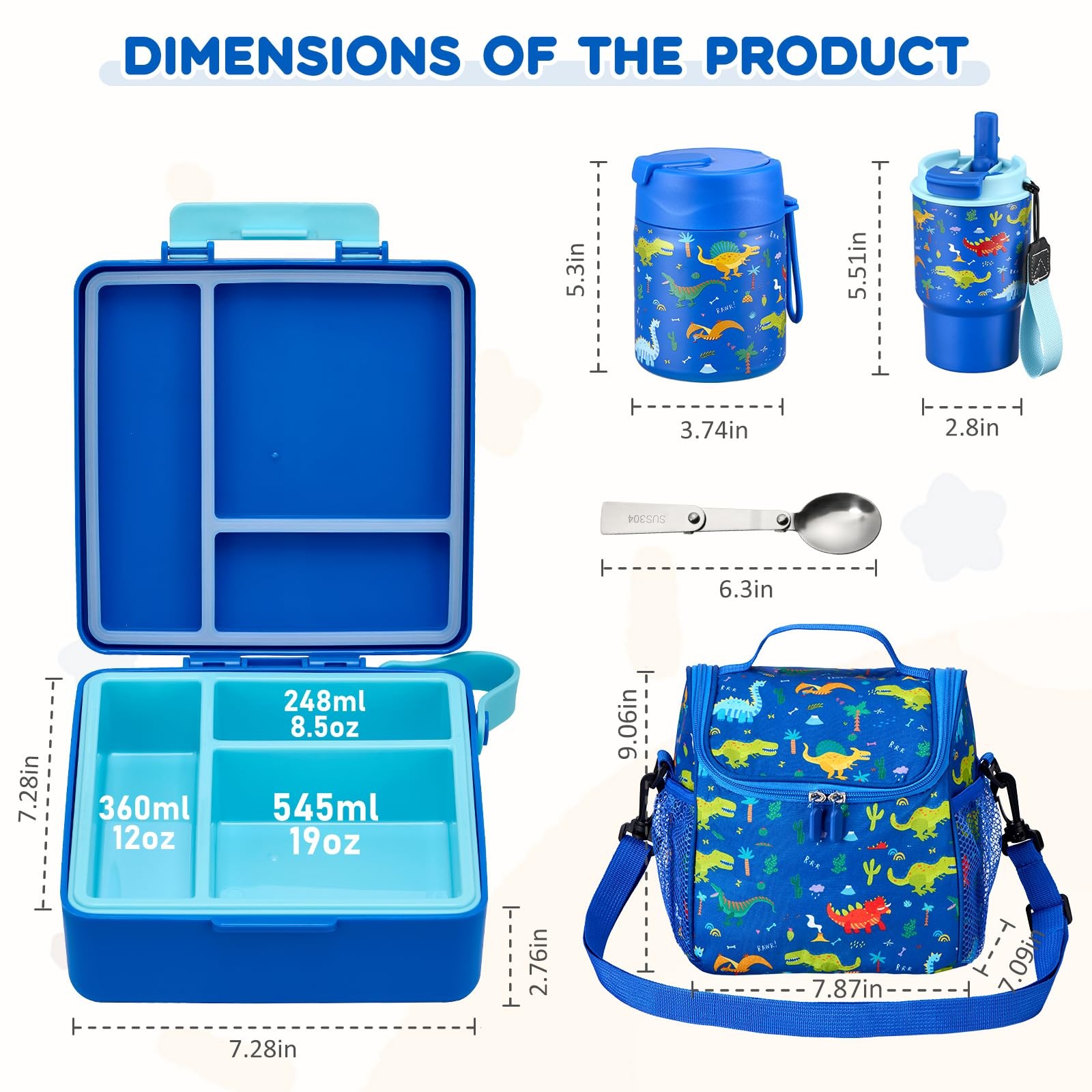 Pawtong Lunch Box Set with Bento Container, 17OZ Small, Blue-Dinasour