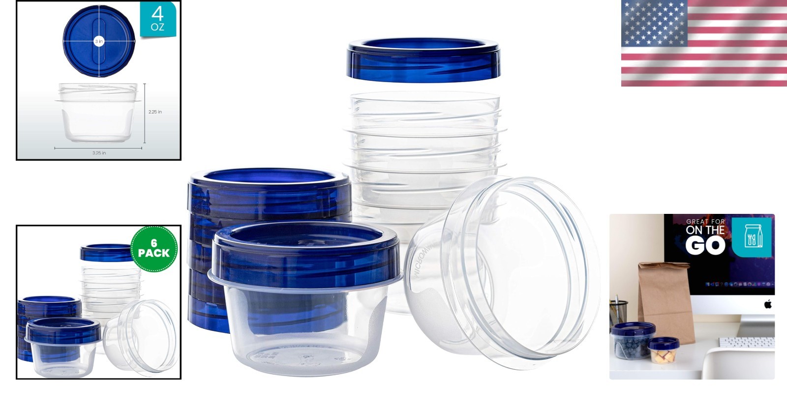 6-Pack 4 Ounce Clear Deli Containers with Blue Twist Lids – Airtight & Reusable